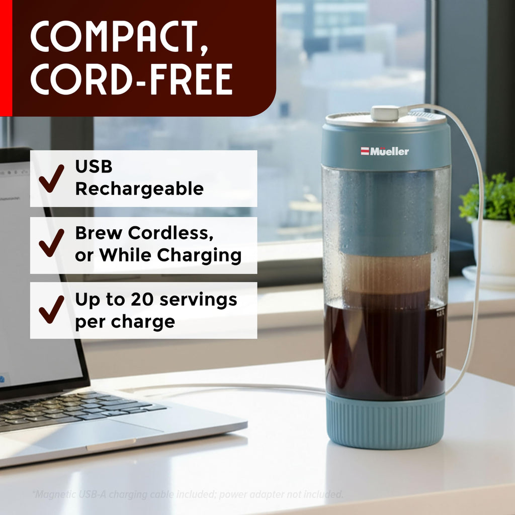 Mueller RapidBrew Cold Brew Iced Coffee Maker – 10 Min Fast Brew Portable Rechargeable Cold Brew Machine for Coffee & Tea – Adjustable Strength 10-99 Min – 20 Servings Per Charge, Black Coffee