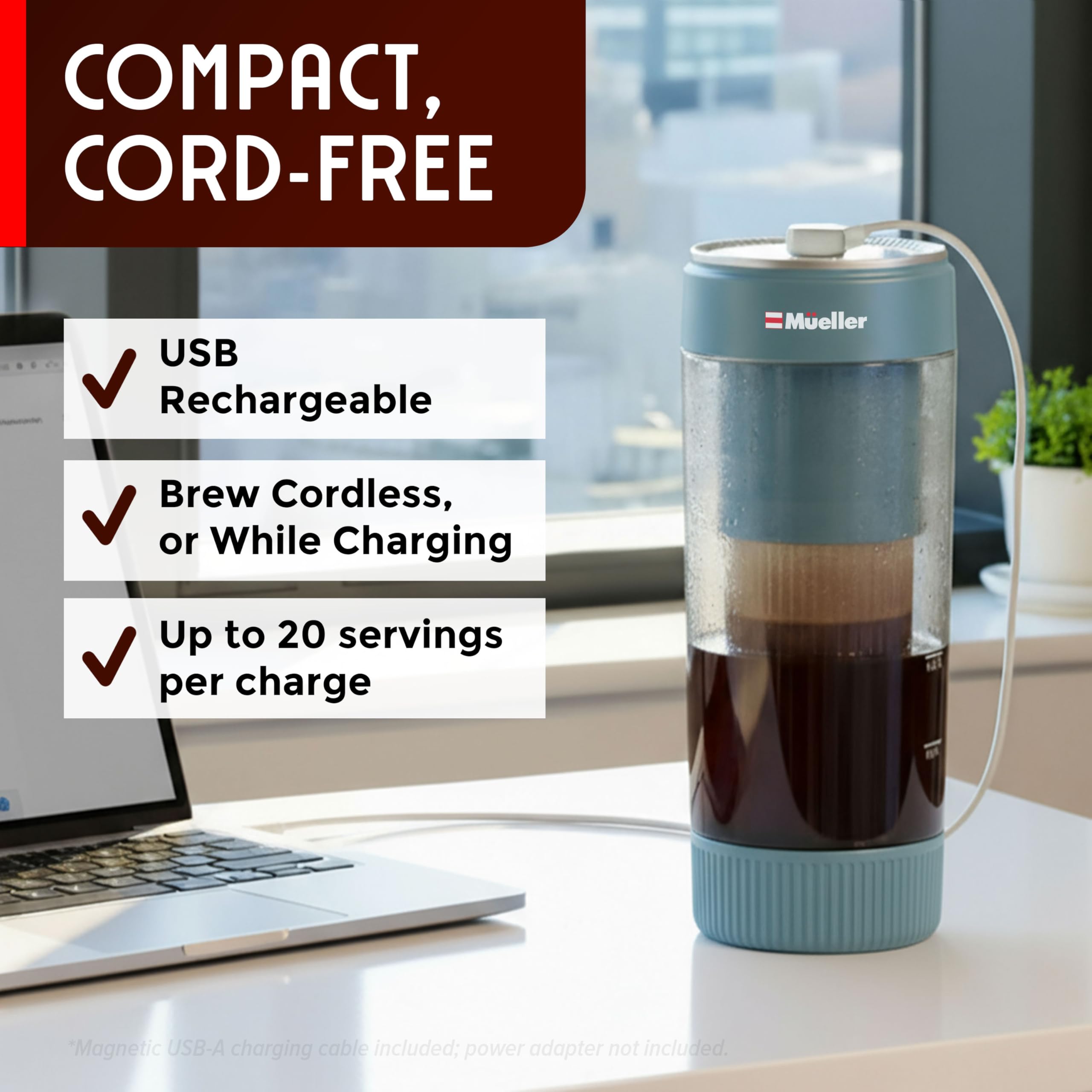Mueller RapidBrew Cold Brew Iced Coffee Maker – 10 Min Fast Brew Portable Rechargeable Cold Brew Machine for Coffee & Tea – Adjustable Strength 10-99 Min – 20 Servings Per Charge, Black Coffee
