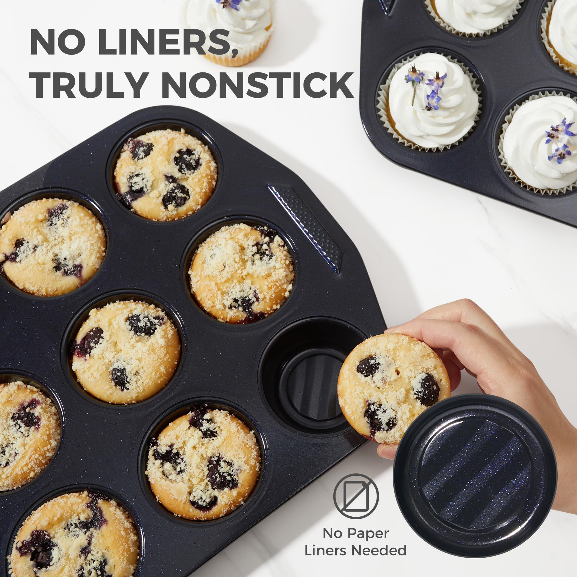 HONGBAKE 9-Piece Non Stick Baking Pans Set with Wave Texture for Reduced Oil, 0.8mm Thick Non Toxic Bakeware Sets, Includes Stackable Cookie Sheets for Oven Cooking, Cake Pan, Muffin Pan, Gold