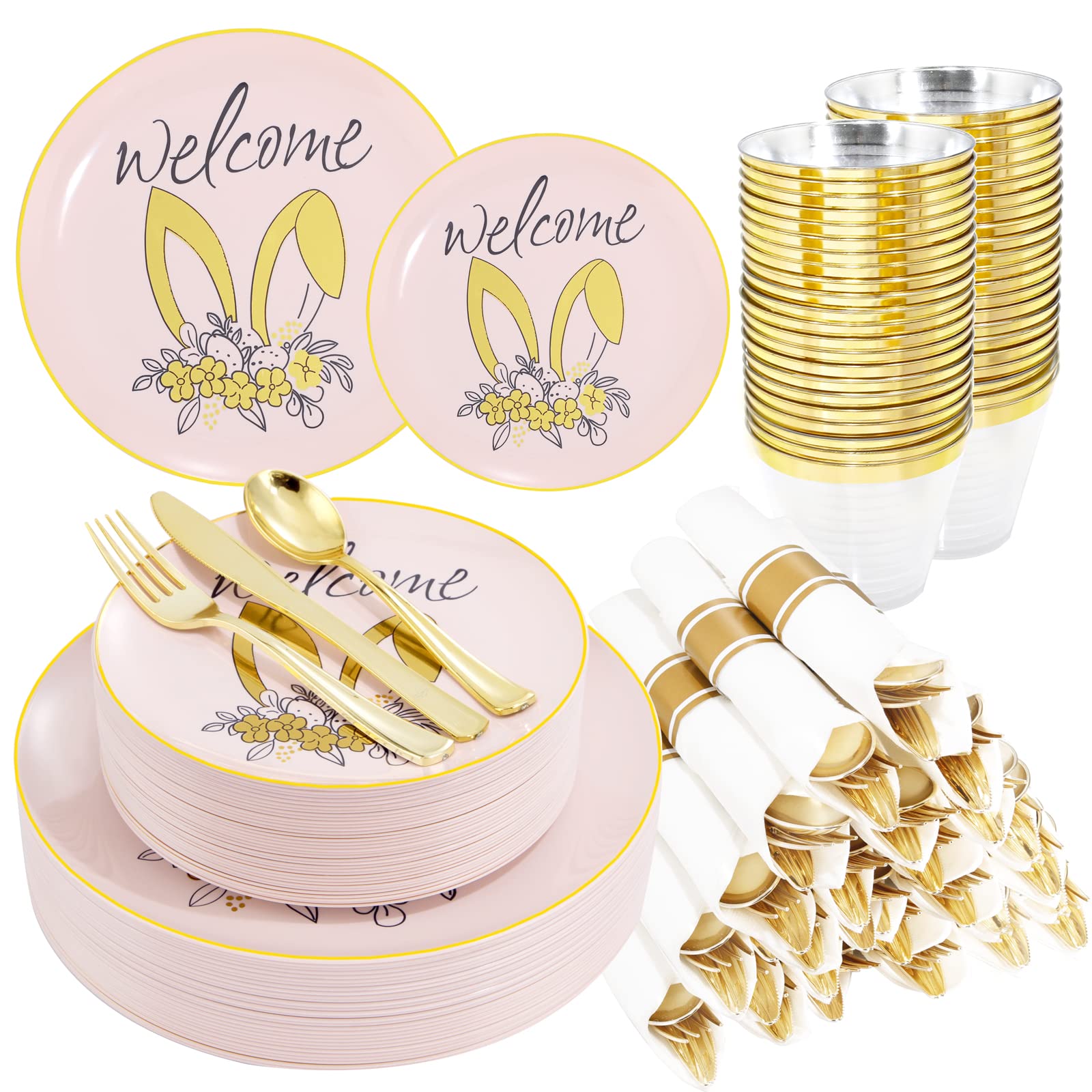 DaYammi 210Pcs White Gold Plastic Plates for Party,Gold Disposable Dinnerware Set Includes 60 gold Floral Plates,30 Plastic Silverware,30 Per Rolled Napkins,30 Cups for Mother's Day Party Wedding