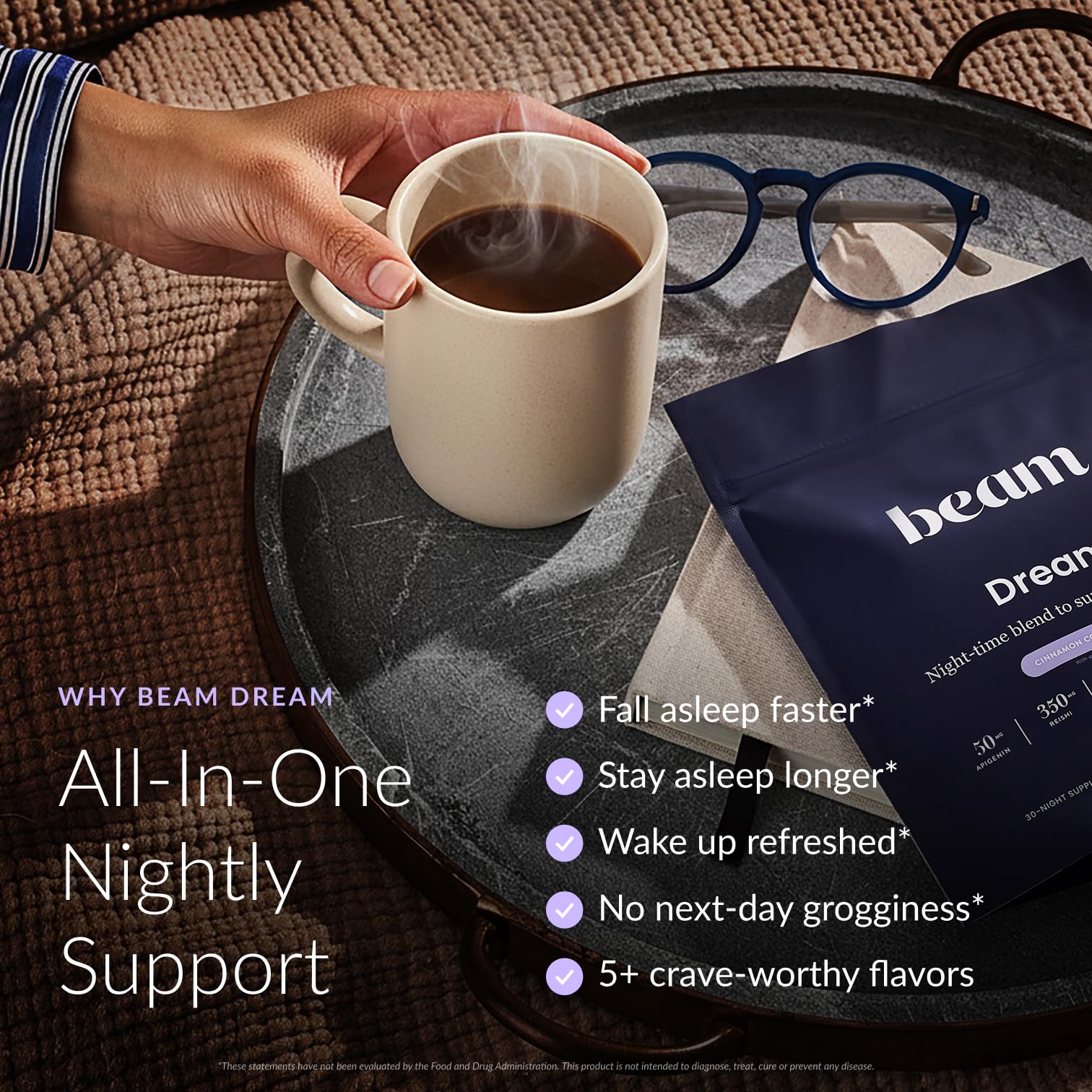 Beam Dream Sleep Powder – Sleep Aid for Adults with Melatonin, Magnesium, L-Theanine, Reishi Mushroom & Apigenin Sleep Supplement, Sleepy Cocoa Bedtime Drink Mix, Brownie Batter Flavor, 30 Servings