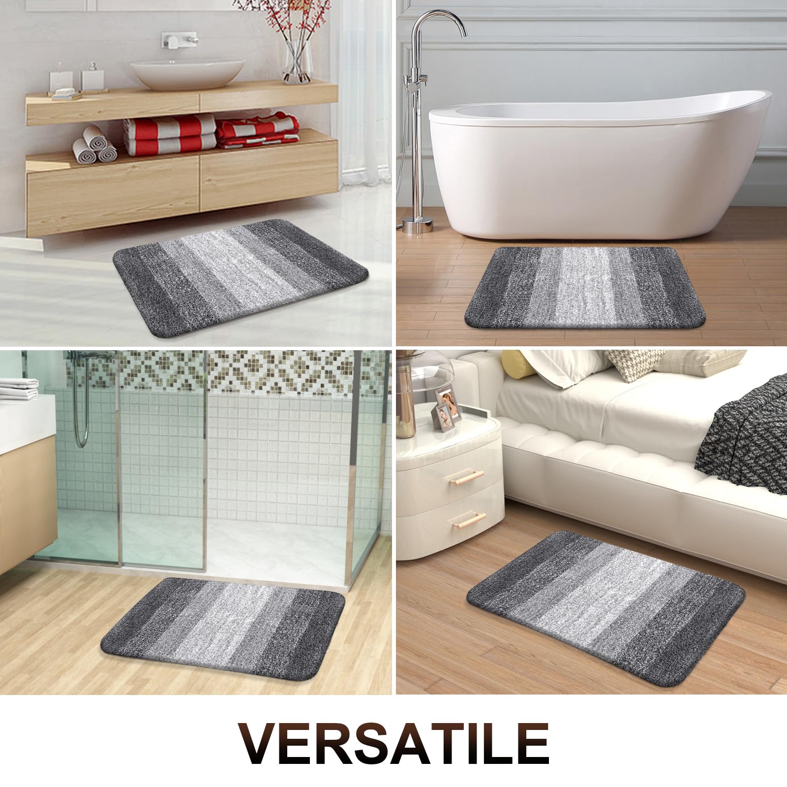 OLANLY Bathroom Rugs Sets 4 piece, Soft Microfiber Absorbent Bath Mat, U-Shaped Contour Toilet Mat and Toilet Lid Cover, Quick Dry, Machine Washable, Toilet Cover and Rug Set for Bathroom, Grey