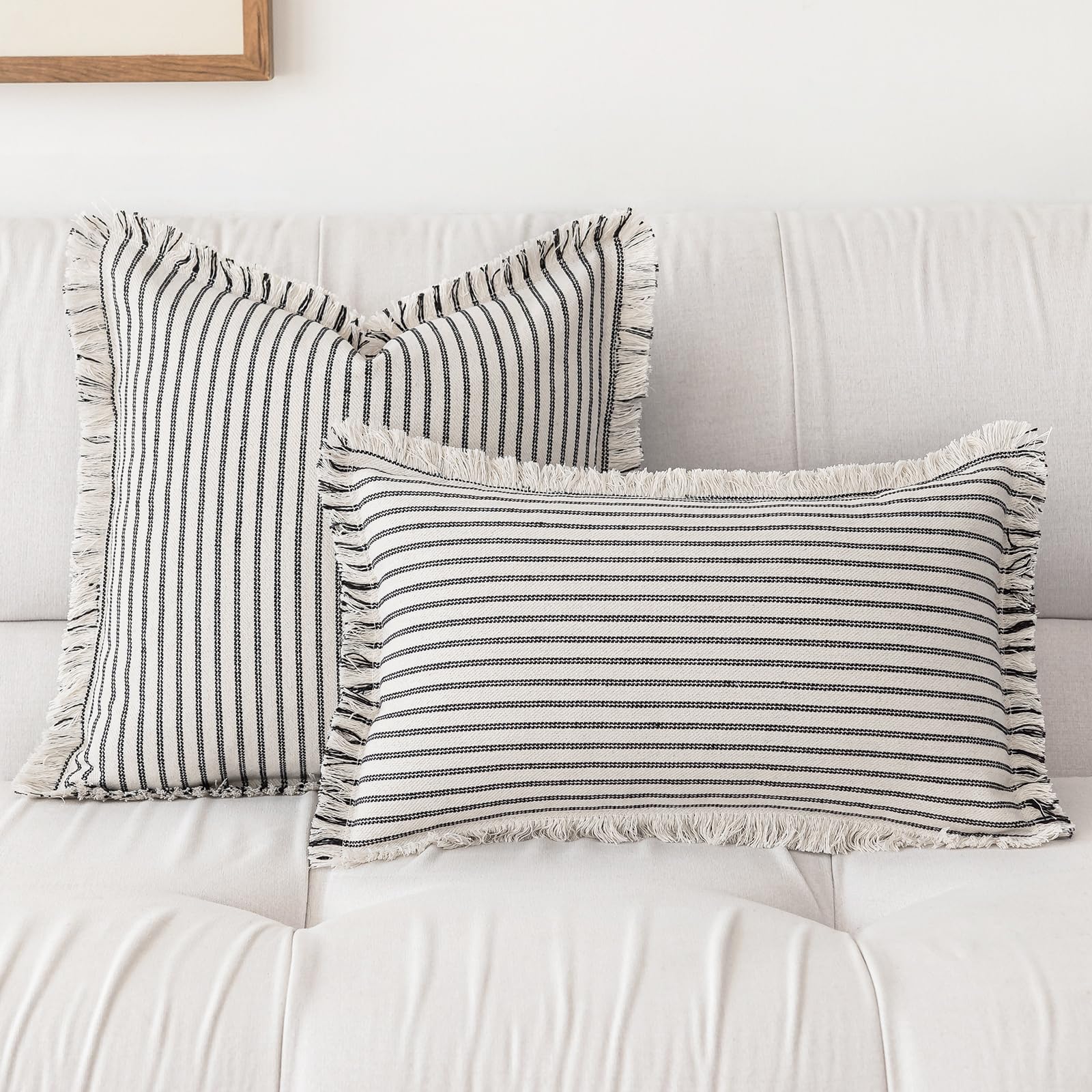 YEENAASY Throw Pillow Covers 20x20 Set of 2 Striped Fringe Pillow Cover Farmhouse Cushion Covers with Tassel Neutral Boho Pillows Decorative Square Pillowcase for Couch Sofa Bed, Black