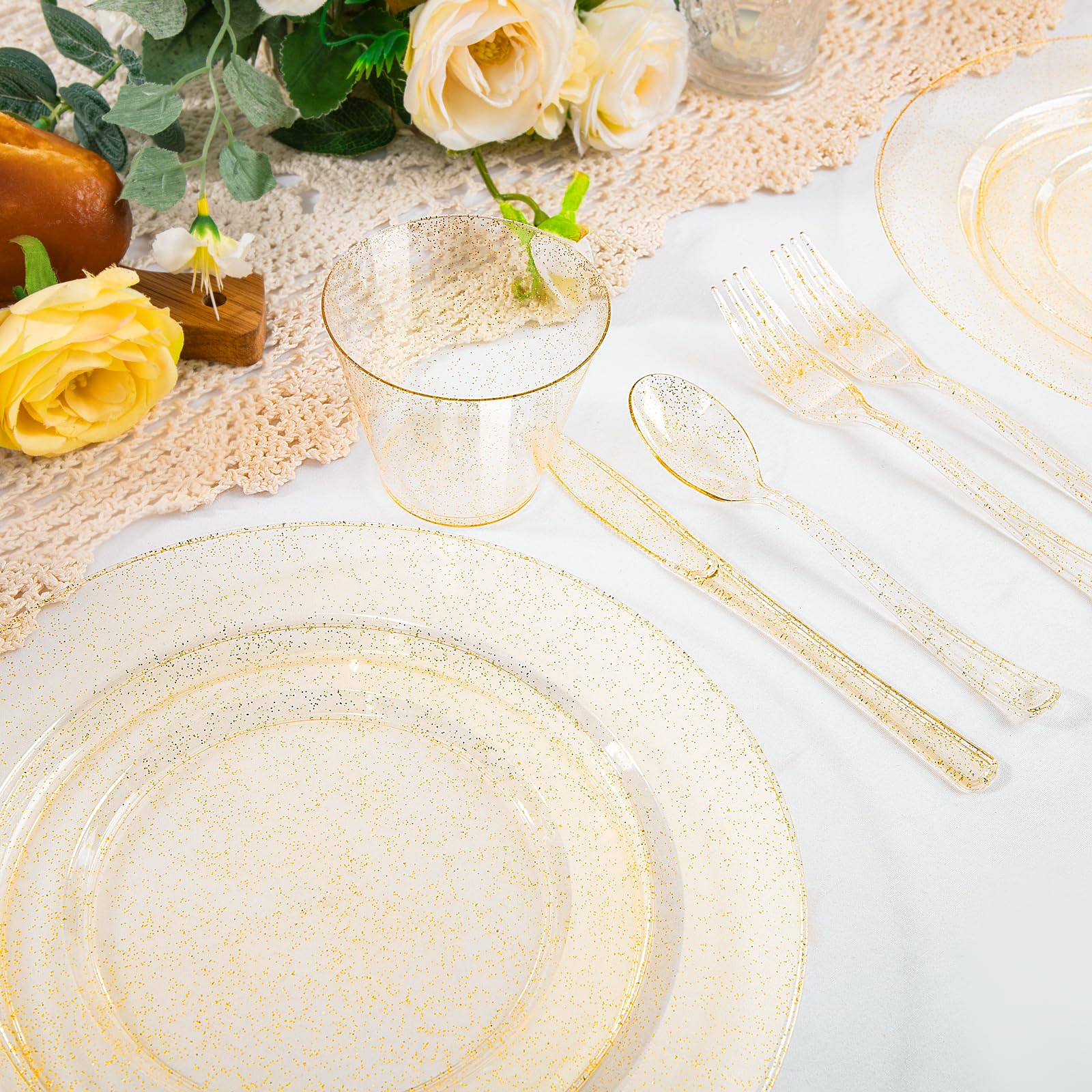 WELLIFE 600 PCS Silver Disposable Dinnerware Set for 100 Guests, Wedding Reception Plates & Silver Plastic Tableware, Dinner & Salad Plates, Cups, Forks, Knives & Spoons for Weddings & Elegant Events