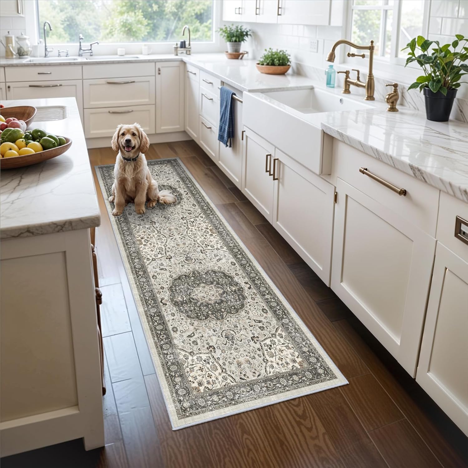 Washable 2x3 Entryway Area Rug - Neutral Kitchen Rug Runner Vintage Soft Floor Mat Non Slip Indoor Farmhouse Carpet for Bathroom Living Room Bedroom (2 X 3, Beige)