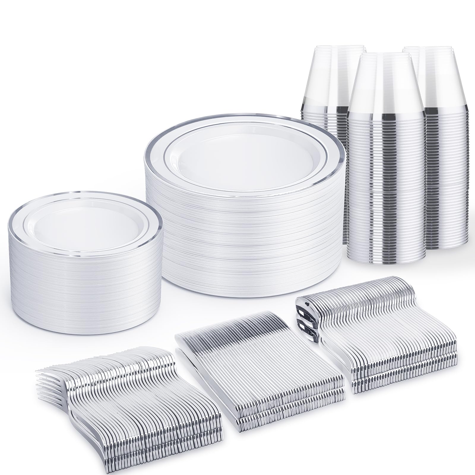 WELLIFE 600 PCS Silver Disposable Dinnerware Set for 100 Guests, Wedding Reception Plates & Silver Plastic Tableware, Dinner & Salad Plates, Cups, Forks, Knives & Spoons for Weddings & Elegant Events