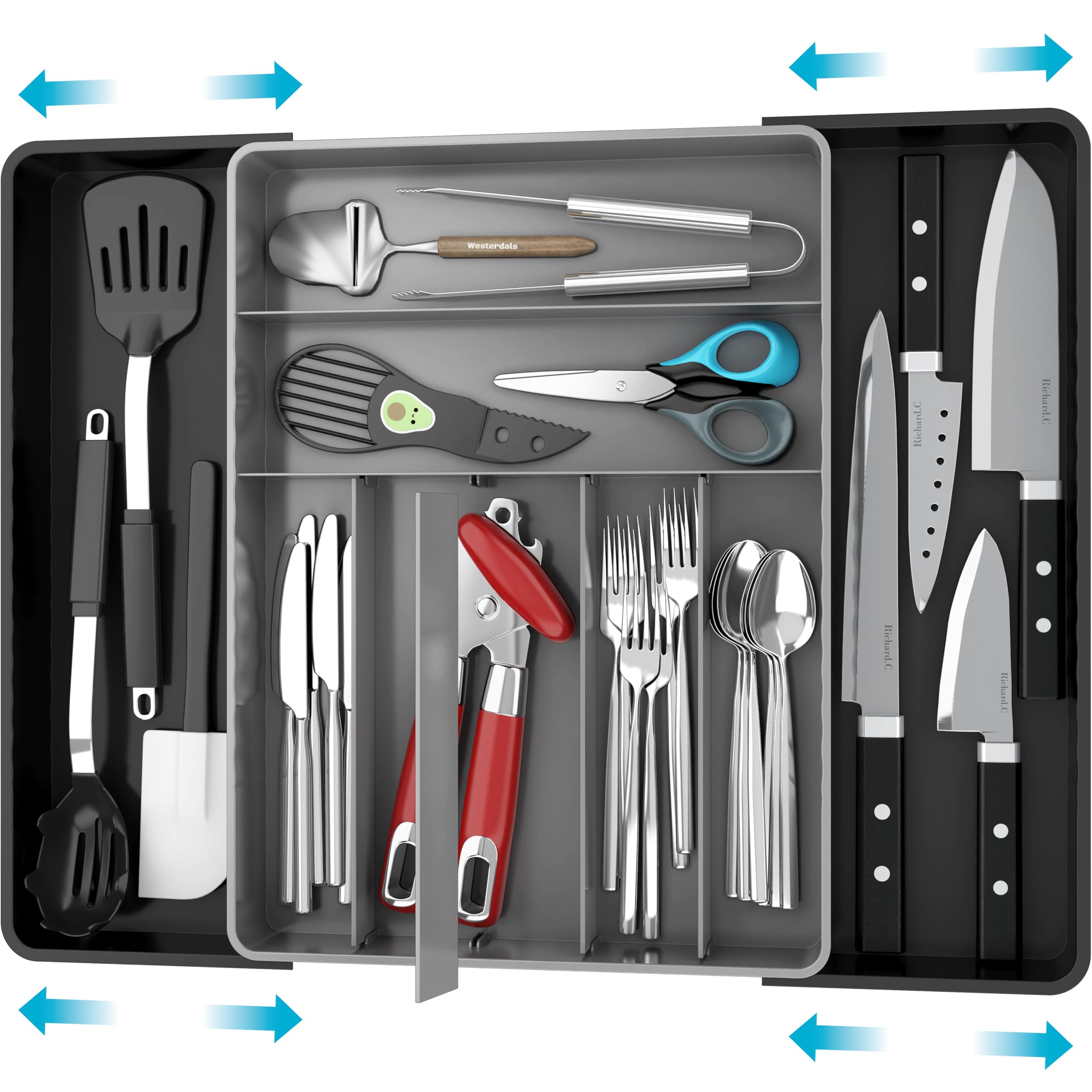 Simple Houseware Expandable & Adjustable Cutlery Drawer Organizer - Large Utensil and Flatware Tray for Kitchen Drawers, White