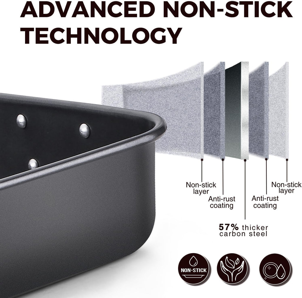 HONGBAKE Lasagna Pan 3 Inch Deep, 15x10" Baking Pan for Oven, Nonstick Cake Baking Dish for Brownie, Roasting Pans with Stainless Steel Handles, Heavy Duty, Dishwasher Safe, Dark Grey