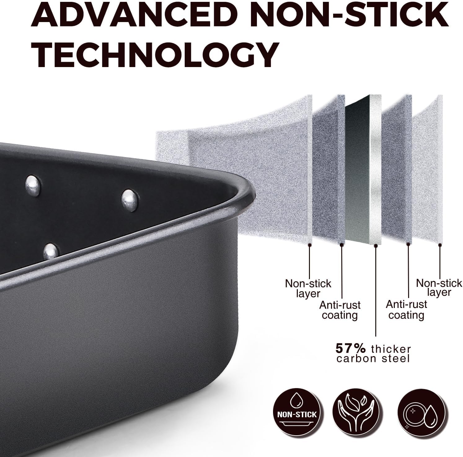 HONGBAKE Lasagna Pan 3 Inch Deep, 15x10" Baking Pan for Oven, Nonstick Cake Baking Dish for Brownie, Roasting Pans with Stainless Steel Handles, Heavy Duty, Dishwasher Safe, Dark Grey