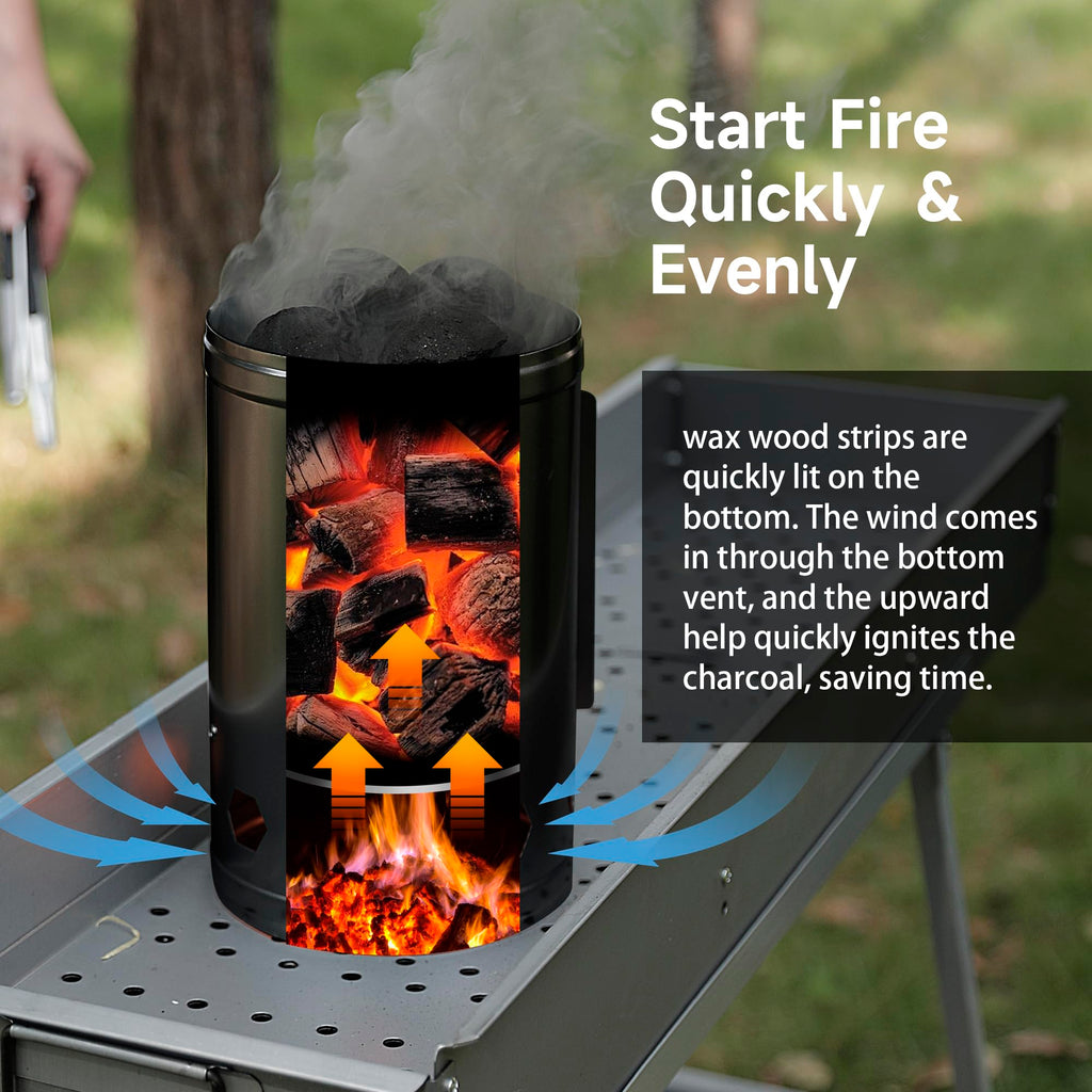 WILLBBQ Charcoal Chimney Starter Great for Fireplace, BBQ, Fire Pits, Barbecues, Chimineas, Campfires, Pizza Ovens - Zinc Steel BBQ Kit, 20 Starters, Heat Resistant Gloves Blower (Bright Black)
