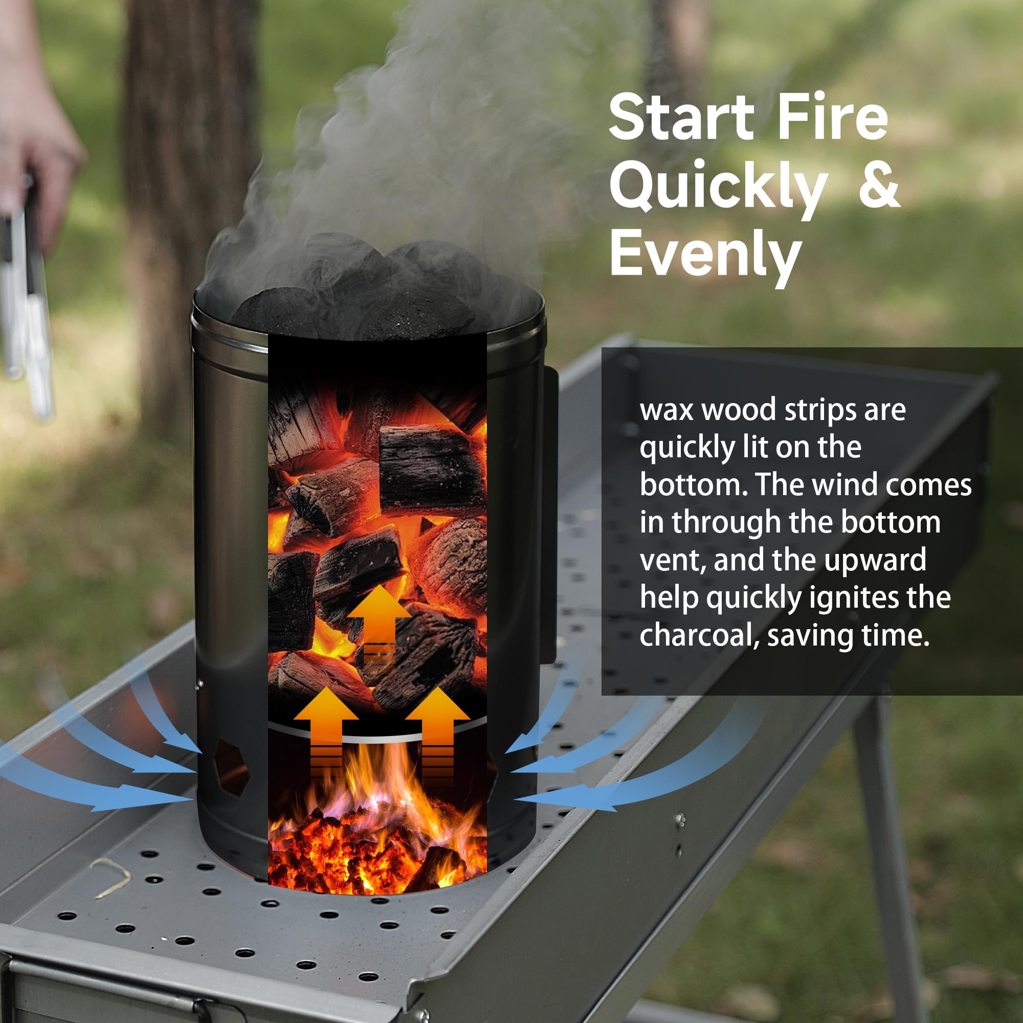 WILLBBQ Charcoal Chimney Starter Great for Fireplace, BBQ, Fire Pits, Barbecues, Chimineas, Campfires, Pizza Ovens - Zinc Steel BBQ Kit, 20 Starters, Heat Resistant Gloves Blower (Bright Black)