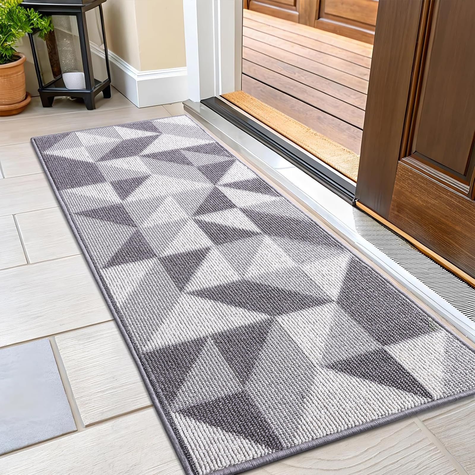 OLANLY Door Mat Indoor Entrance Washable 32x20, Odor-Free Low-Profile Front Back Geometric Doormat, Absorbent Resist Dirt Entry Carpet, Easy to Clean Sturdy Inside Floor Mats for Entryway, Black