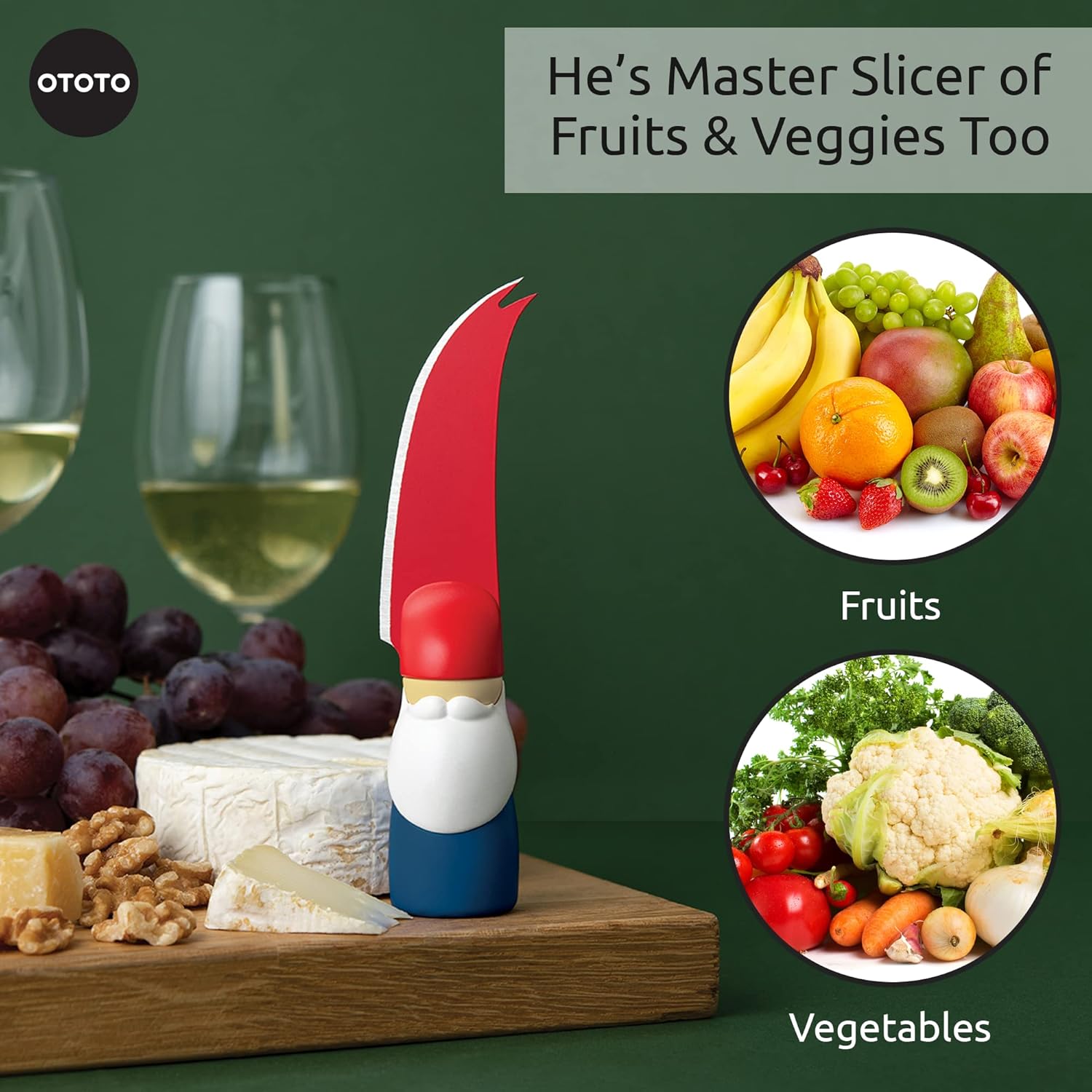 OTOTO Bert Cheese Knife, Gnome-Themed Multifunctional Knife for Cheese, Fruits, and Veggies, Cute Kitchen Accessories, BPA-Free Kitchen Gadget, Funny Gadgets, Gnomes Gifts for Women