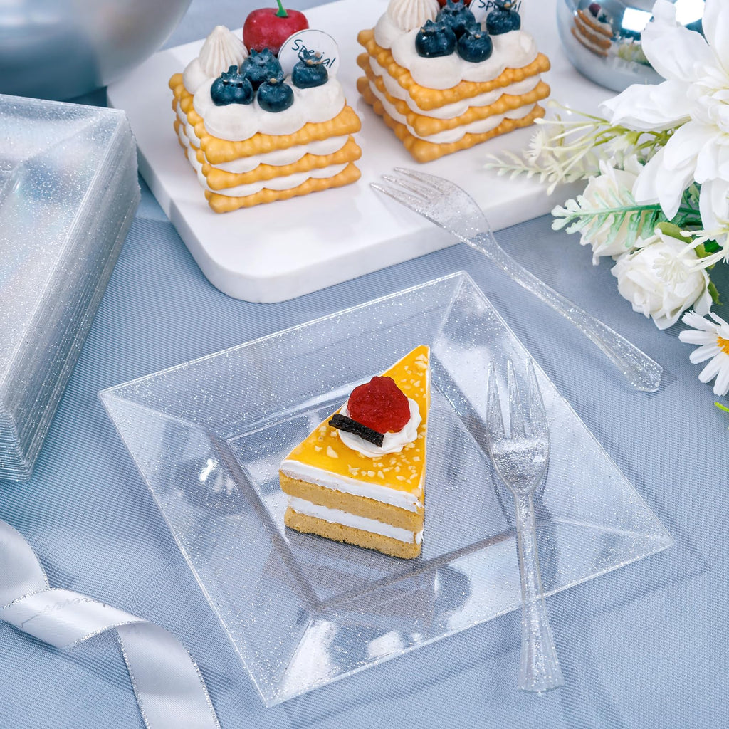 DaYammi 200Pcs Gold Dessert Plates Including 100Pcs Appetizer Plates 6",100Pcs Plastic Forks 5.7",Gold Glitter Plastic Square Plate for Party,Gold Salad Plate and Cake Forks for Party Wedding