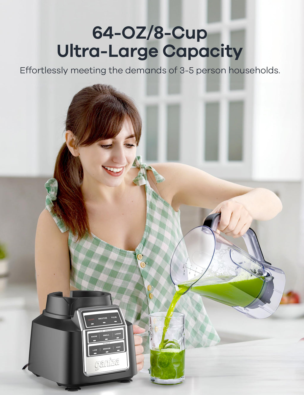 Ganiza Smoothie Blender, 1800W Peak Power Professional Countertop Blenders for Kitchen, 64oz Large Capacity Juice Pitcher with CentriFlow Ribs Patent, High-Speed Smoothie Maker for Ice & Frozen Fruit