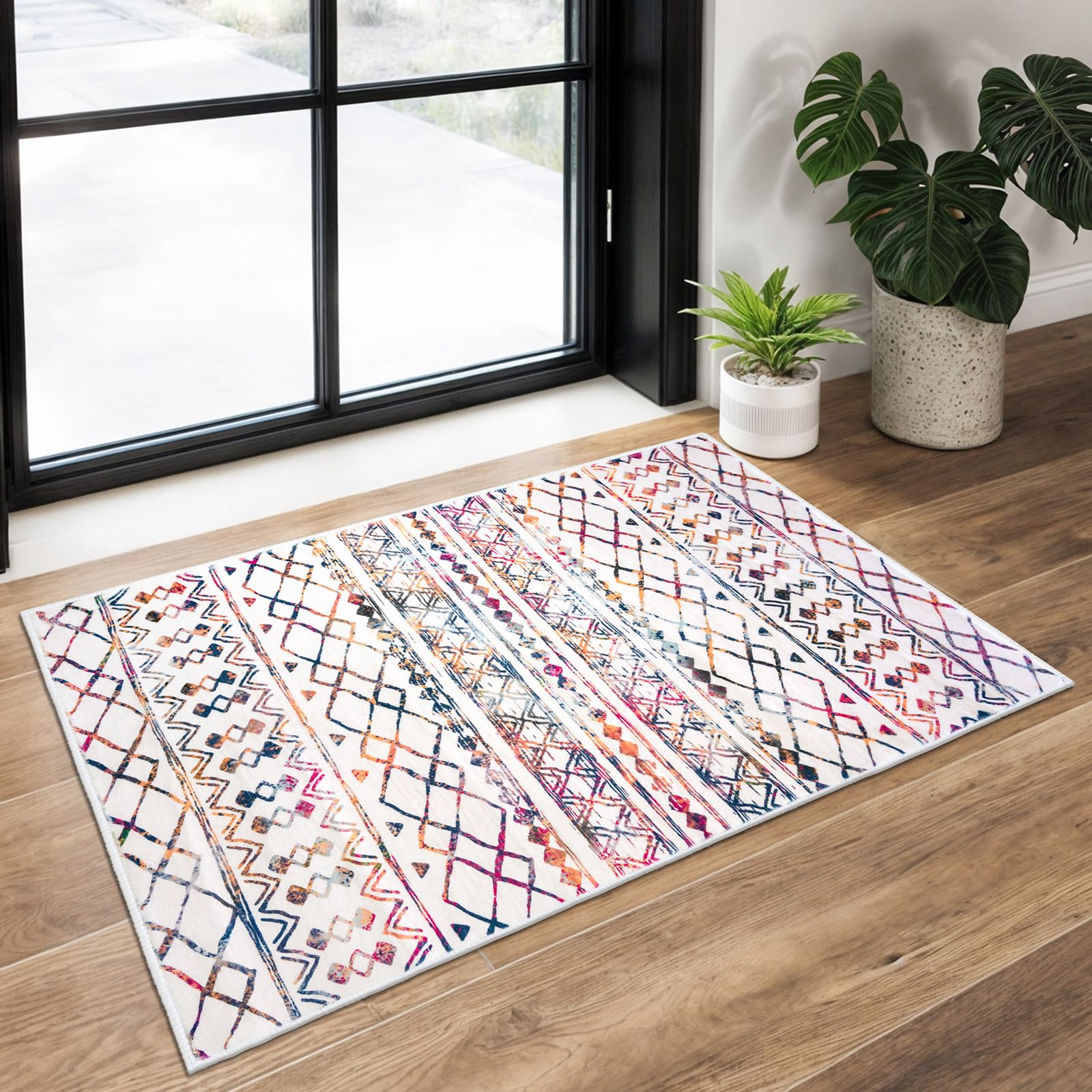 KUTA Washable Non-Slip Rugs for Entryway 2x3, Grey Moroccan Boho Small Area Rug, Ultra Soft Vintage Geometric Low-Pile Indoor Door Mat Floor Carpet for Indoor, Entrance, Kitchen, Bathroom, Bedroom