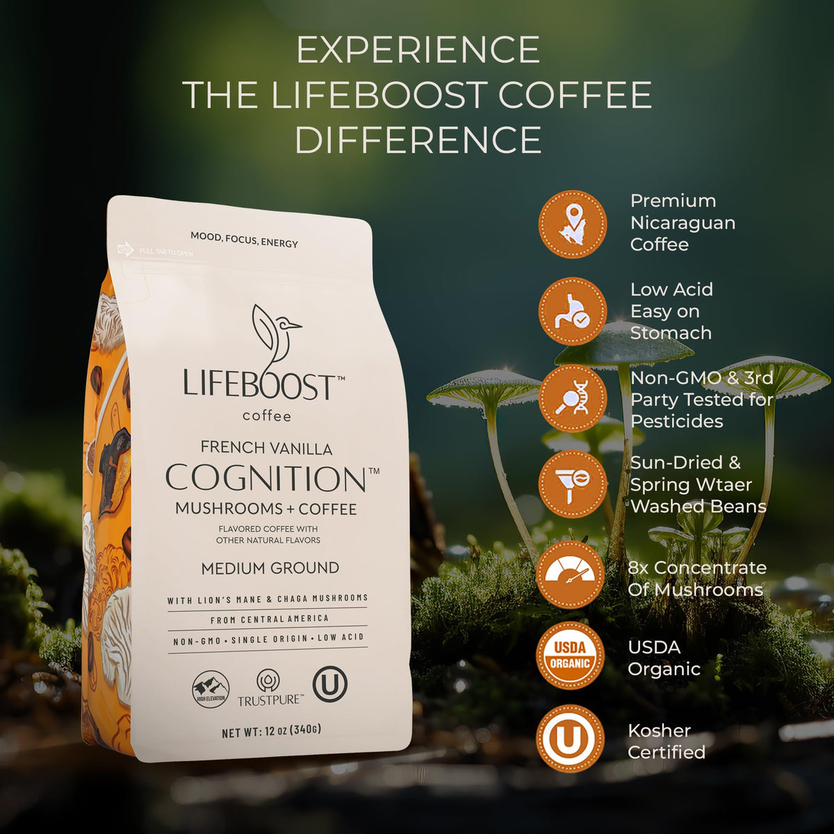 Lifeboost Cognition Mushroom Ground Coffee, Organic Low Acid, 12oz