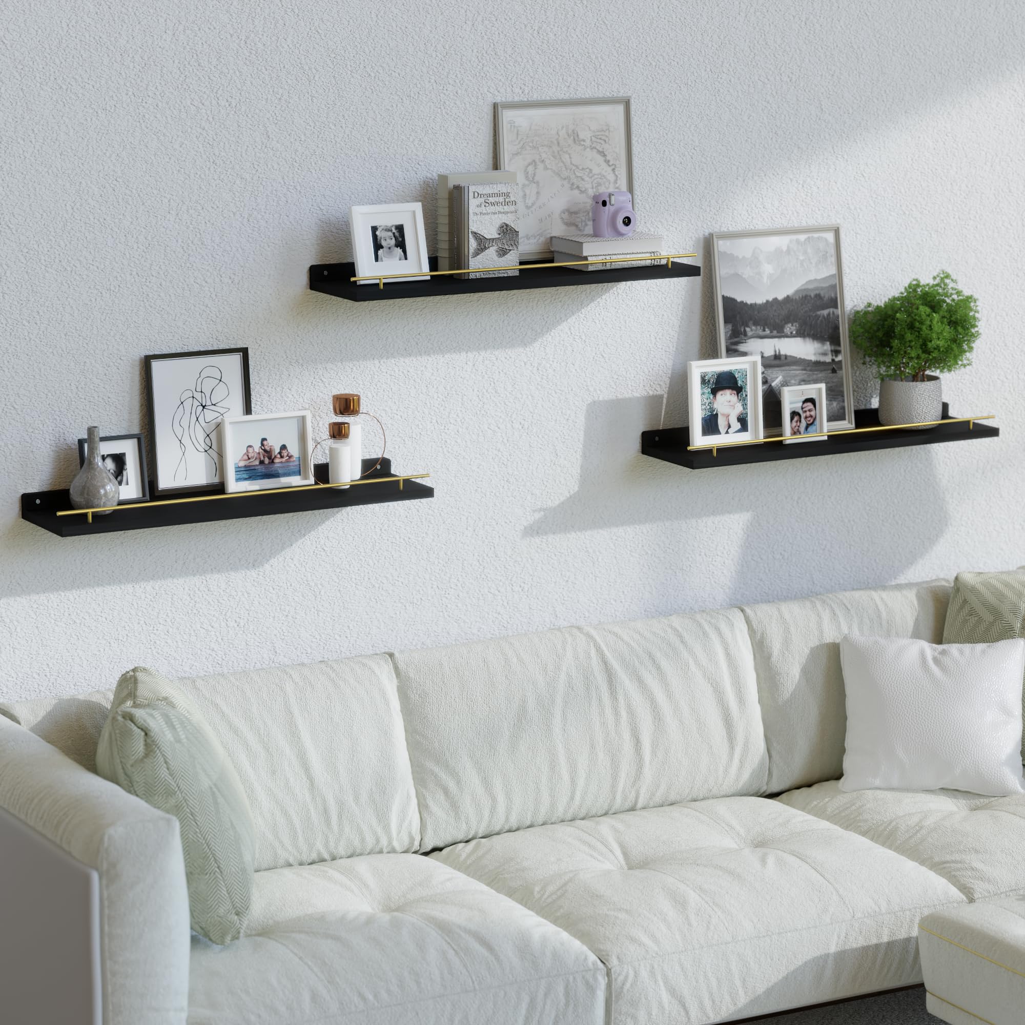 WOPITUES Floating Shelves with Black Metal Guardrail, Shelves for Wall Decor Set of 3, Wall Shelves for Bedroom, Bathroom, Kitchen, Living Room, Plants, Picture Frames, Art- Black