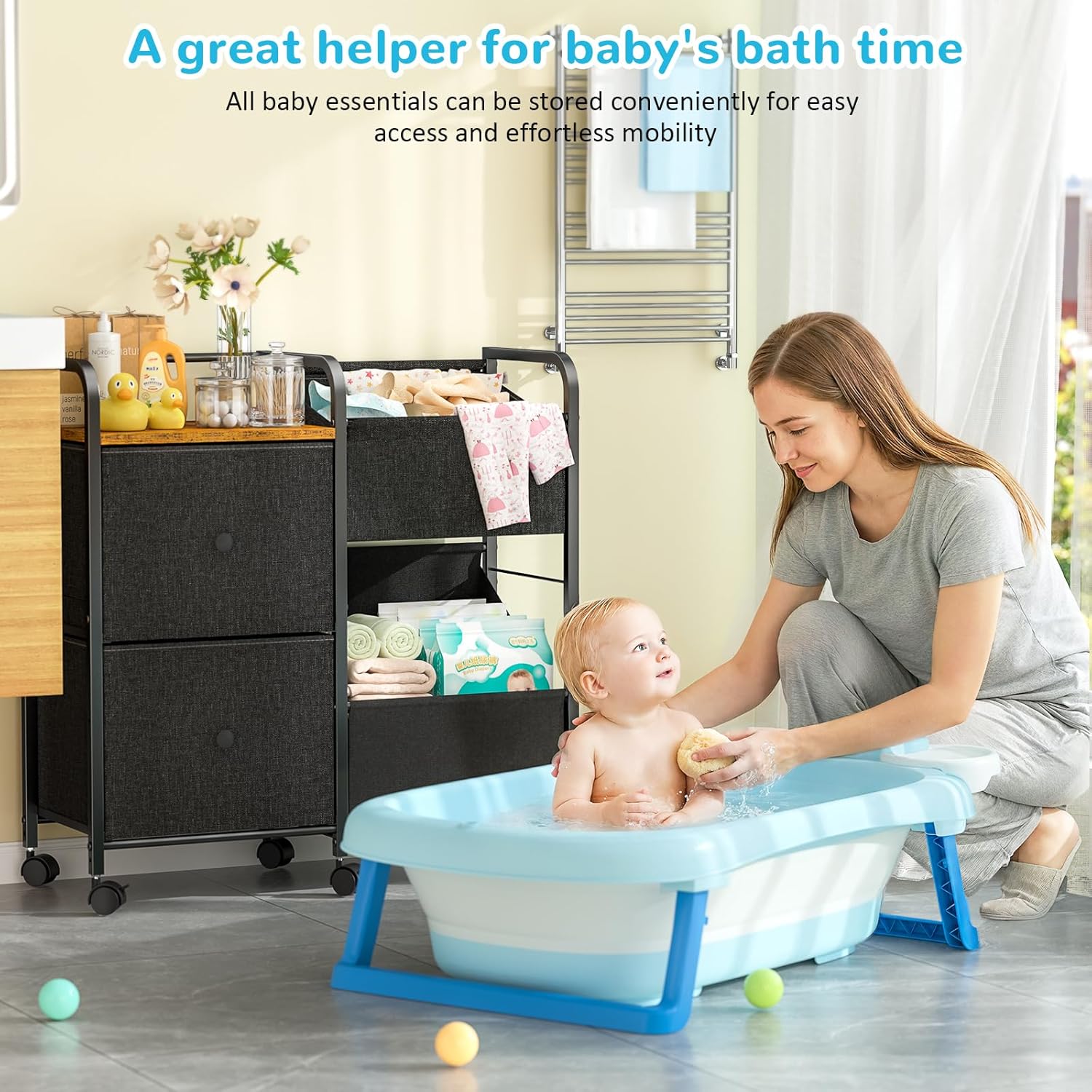 Baby Diaper Caddy Organizer Cart with Wheels, Rolling Cart with Dividers and Drawers, Mobile Utility Cart Bedside for Nursery, Bedroom, Baby Newborn Essentials Storage Cart, Black