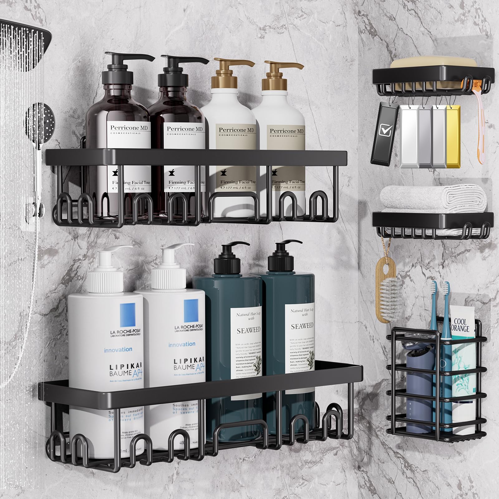 Veken Shower Caddy 6-Pack, Advanced Rustproof Design, No Drilling Adhesive Shelves, Rack with Soap Holder, Large Capacity Bathroom Organizers and Storage, Wall-Mounted Kitchen & Home Decor