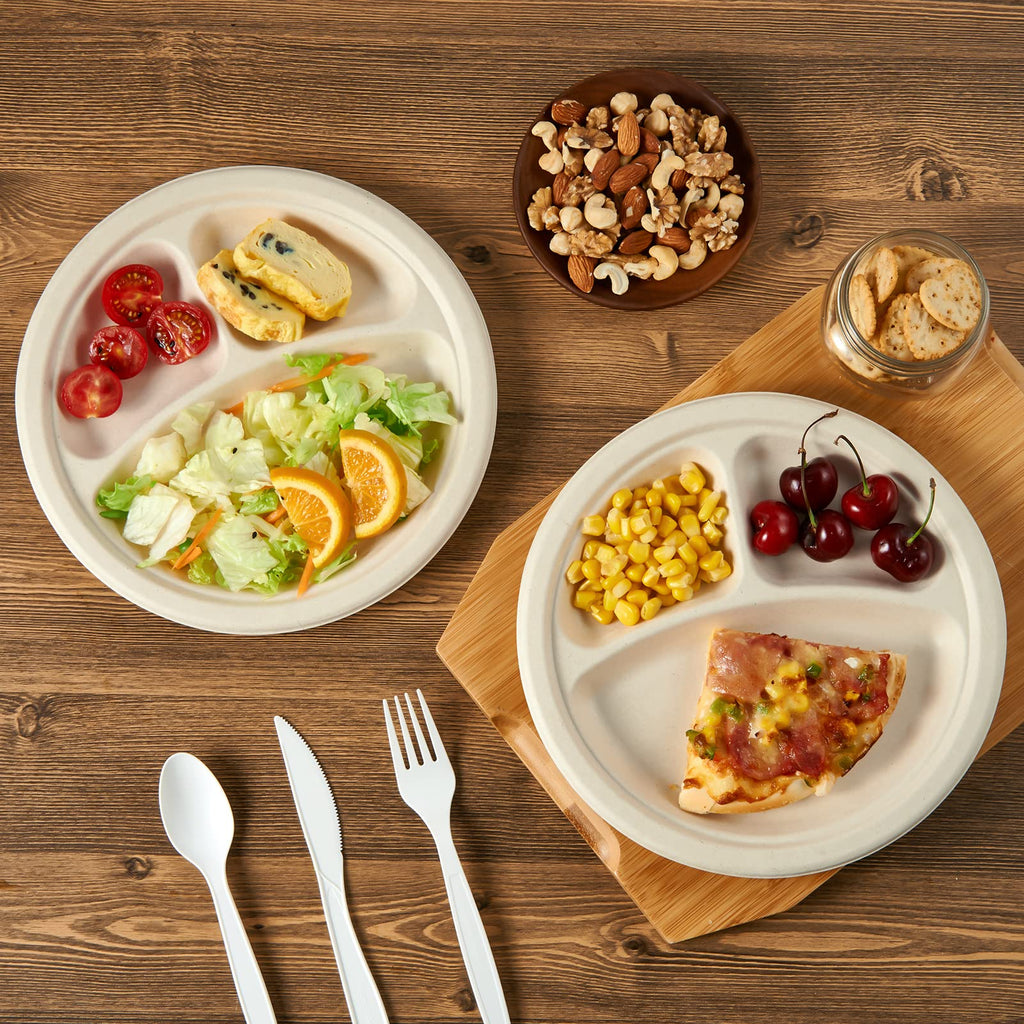 Vplus 200 Pack Paper Plates 7 inch 100% Compostable, Heavy-Duty Disposable Paper Plates Bagasse Natural Biodegradable Eco-Friendly Sugarcane