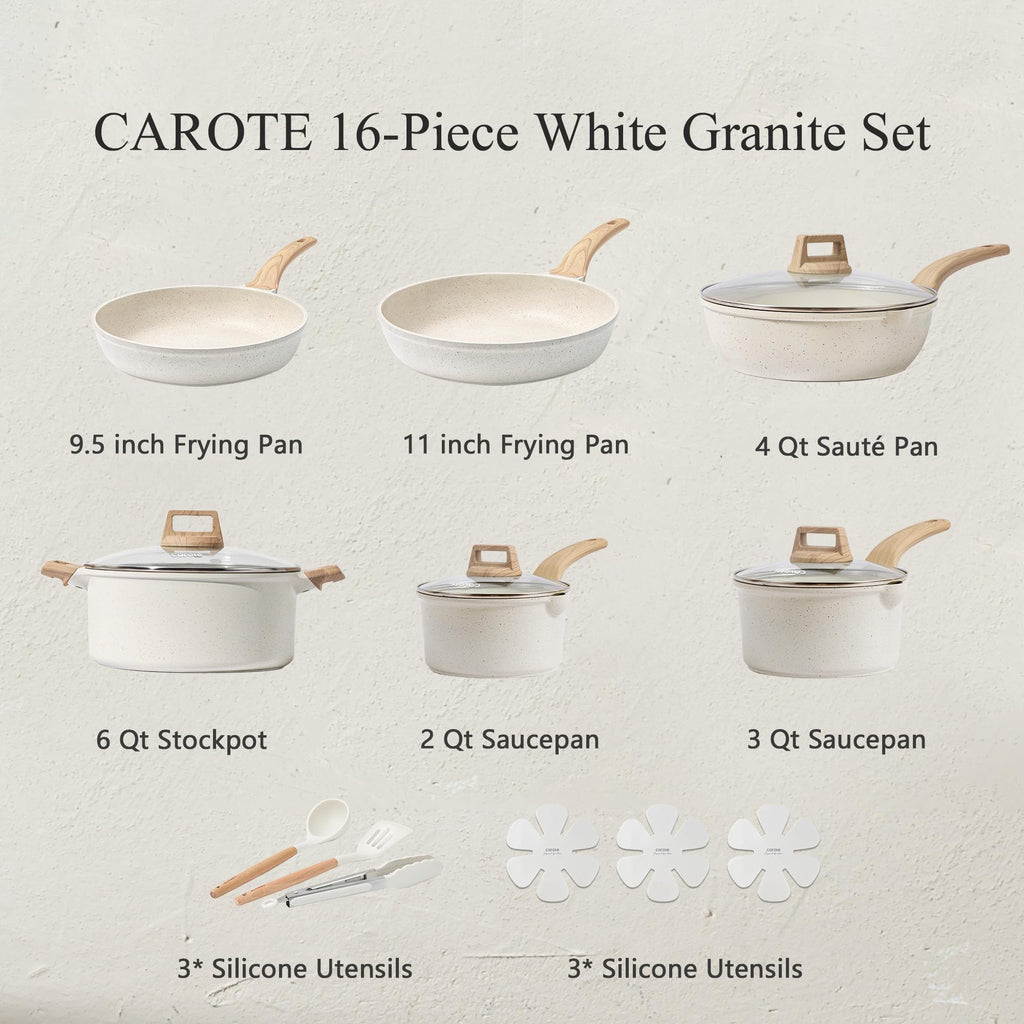 CAROTE 21Pcs Pots and Pans Set, Nonstick Cookware Sets, White Granite Induction Cookware Non Stick Cooking Set w/Frying Pans & Saucepans(PFOS, PFOA Free)