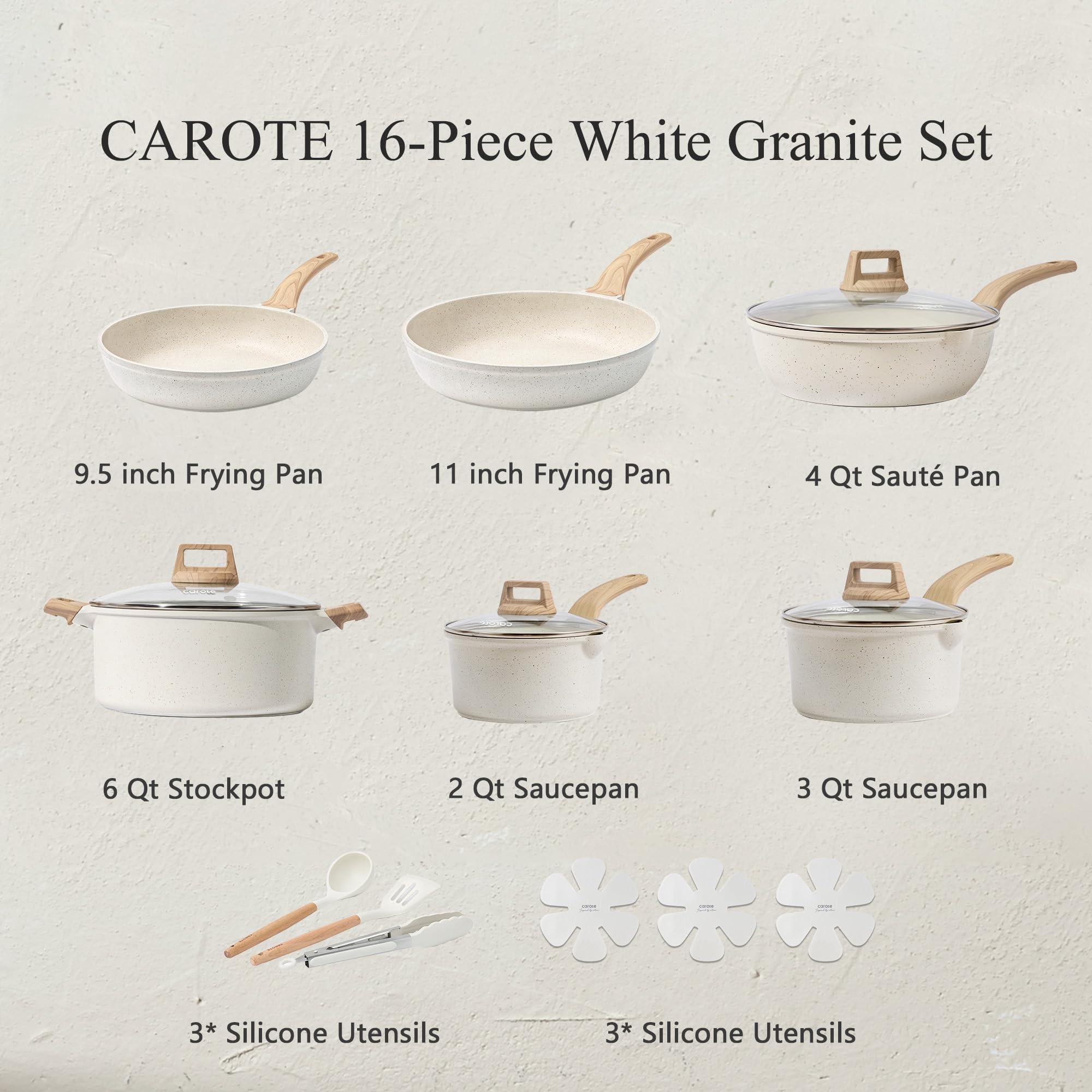 CAROTE 21Pcs Pots and Pans Set, Nonstick Cookware Sets, White Granite Induction Cookware Non Stick Cooking Set w/Frying Pans & Saucepans(PFOS, PFOA Free)