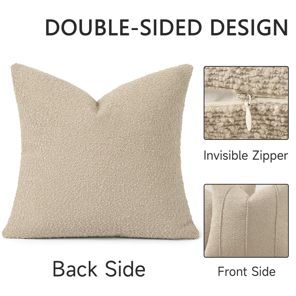 YCOLL Textured Boucle Throw Pillow Covers 20x20 Pack of 2 - Soft Neutral Striped Cushion Covers, Cozy Accent Decorative Pillow Covers for Couch, Sofa, Bed, Living Room (Beige)