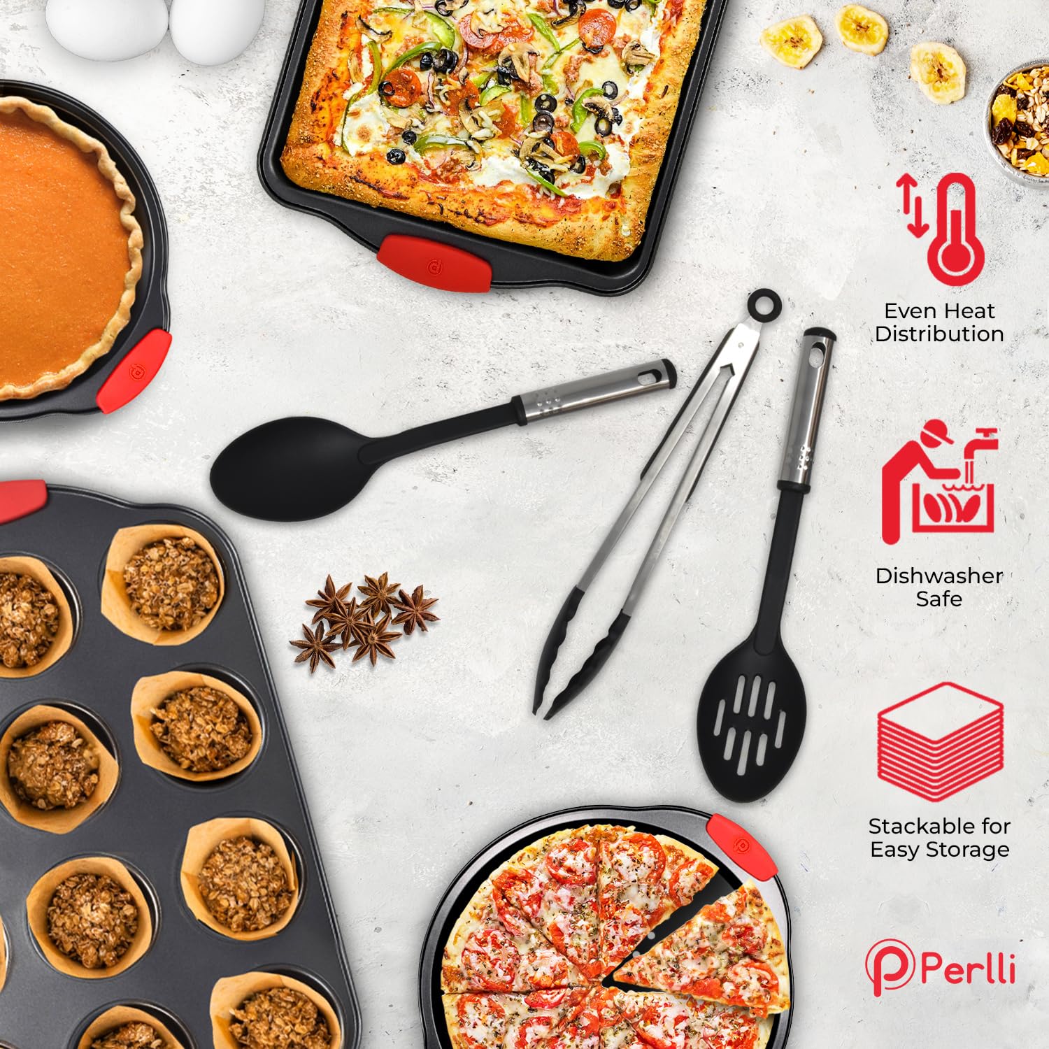 PERLLI Non-Stick 6-Piece Baking Pan Set, BPA-Free Carbon Steel Bakeware Set with Silicone Handles, Stackable Kitchen Oven Set, Cookie Sheet, Baking Tray, Baking Sheet Set, Oven Safe (446°F)