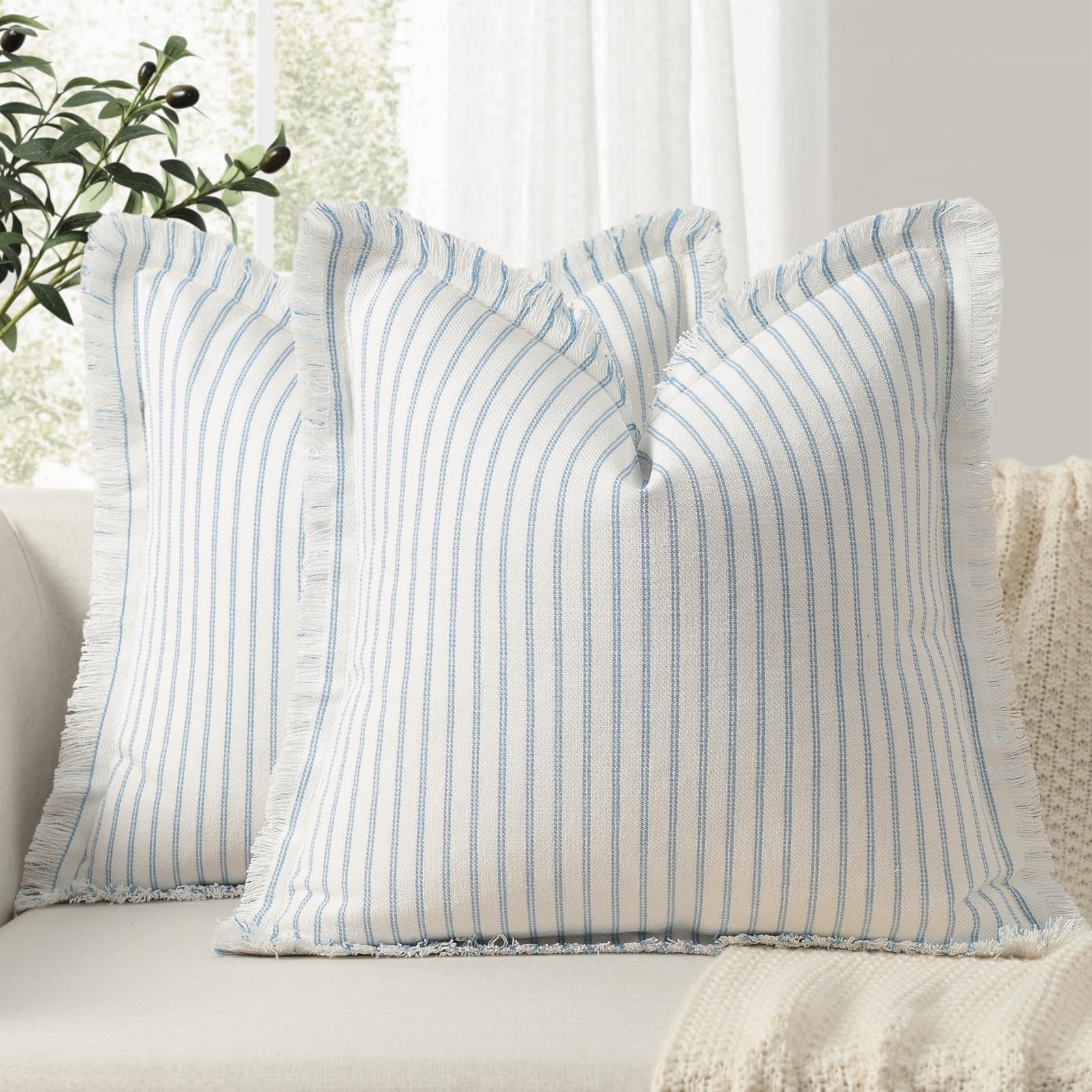 ZWJD Throw Pillow Covers 20x20 Set of 2 Striped Pillow Covers with Fringe Chic Cotton Decorative Pillows Square Cushion Covers for Sofa Couch Bed Living Room Farmhouse Decor, (Gray)