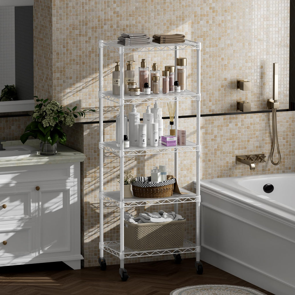 SINGAYE 3 Small Shelves Storage Shelf Wire Shelving Unit Metal Shelf Adjustable Organizers Storage Shelving with Wheels for Bathroom Laundry Room Kitchen Pantry11.5”D x 17.5”W x 30.5”H White