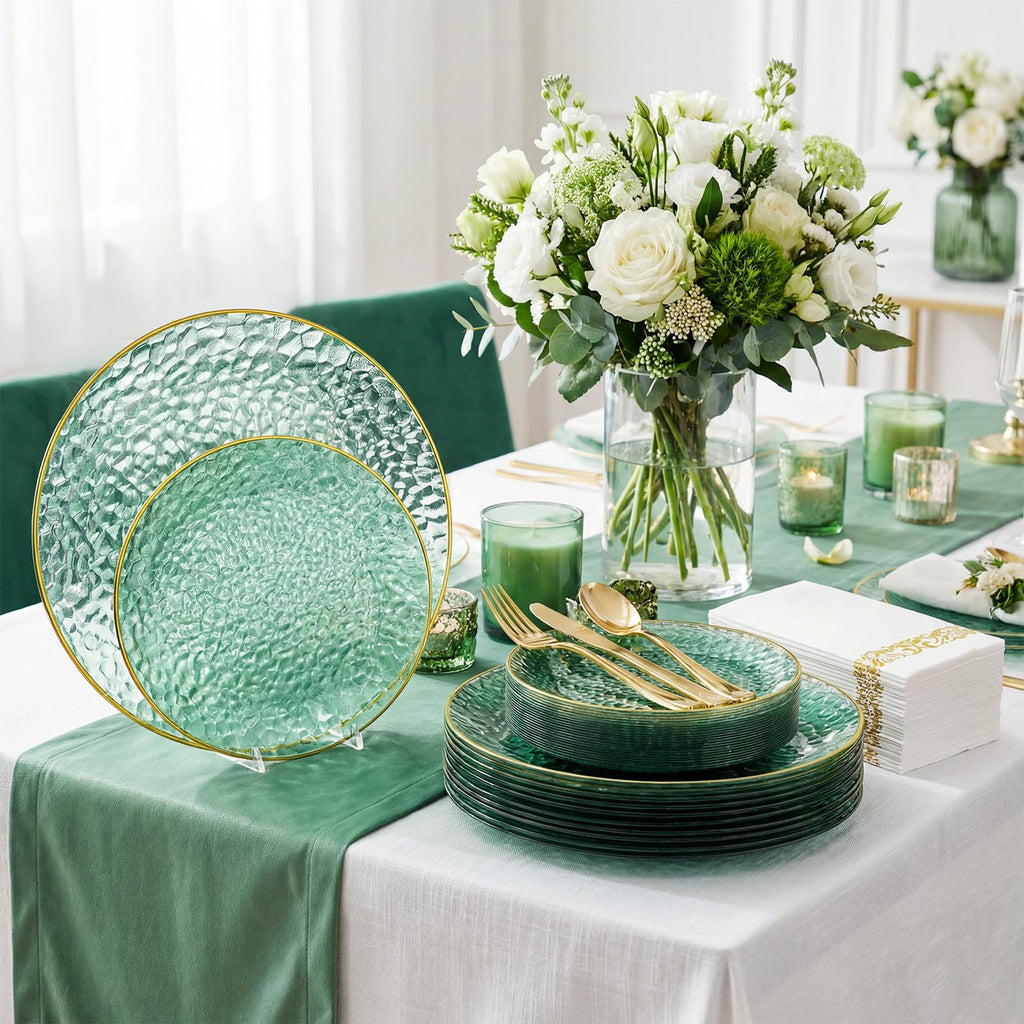 DaYammi 350PCS Clear Gold Plastic Dinnerware Set for 50 Guests, Hammered Disposable Plates for Party, Include: 50 Dinner Plates, 50 Dessert Plates, 150 Gold Silverware, 50 Napkins, 50 Cups
