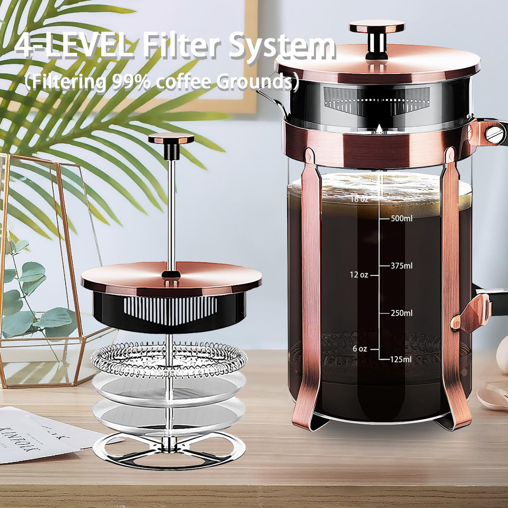 YMMIND French Press Coffee Maker 304 Stainless Steel Coffee Press,with 4 Filters System, Heat Resistant Thickness Borosilicate French Press Glass, BPA-Free Brewed Tea Pot Coffee Plunger(Copper 12oz)
