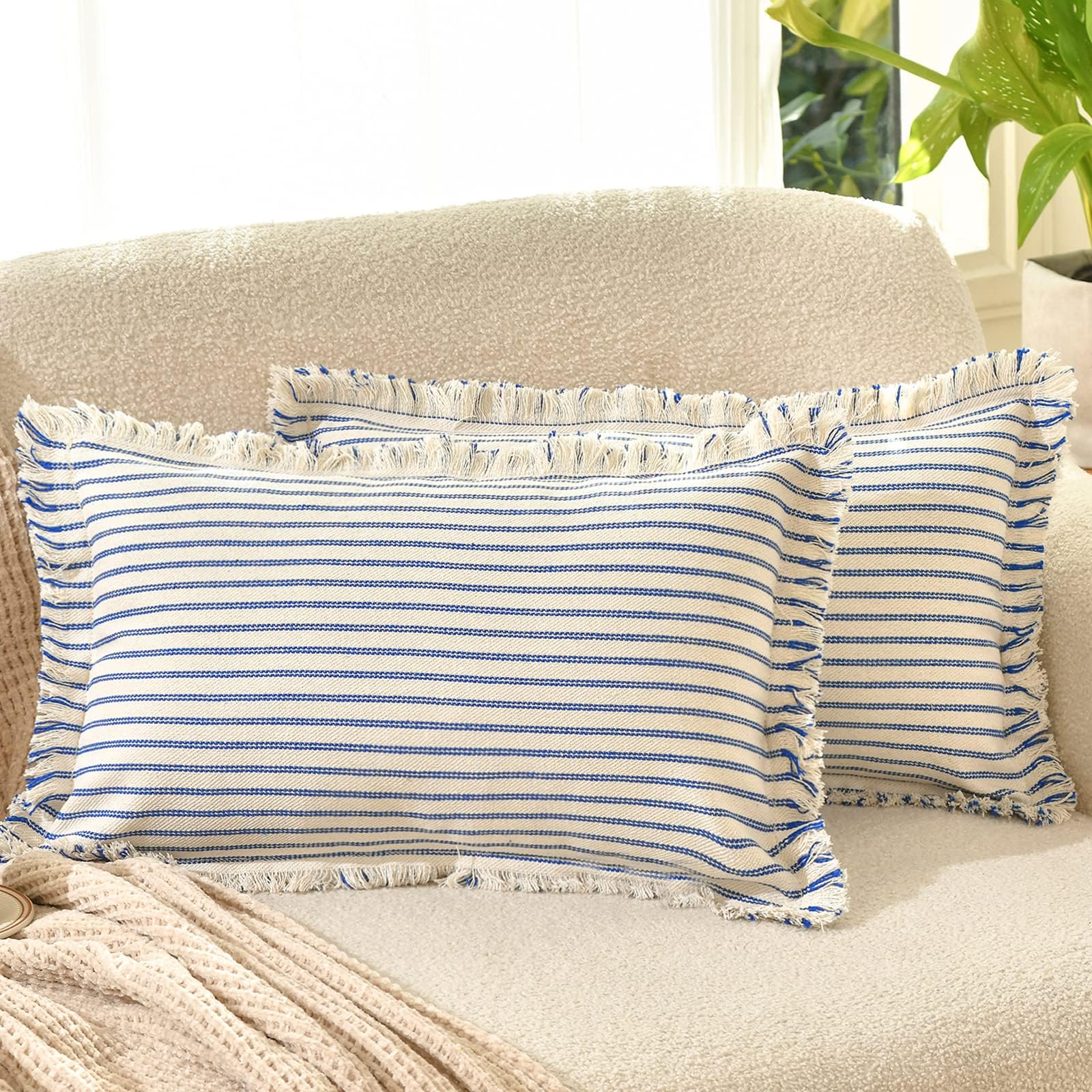 ZWJD Throw Pillow Covers 20x20 Set of 2 Striped Pillow Covers with Fringe Chic Cotton Decorative Pillows Square Cushion Covers for Sofa Couch Bed Living Room Farmhouse Decor, (Gray)