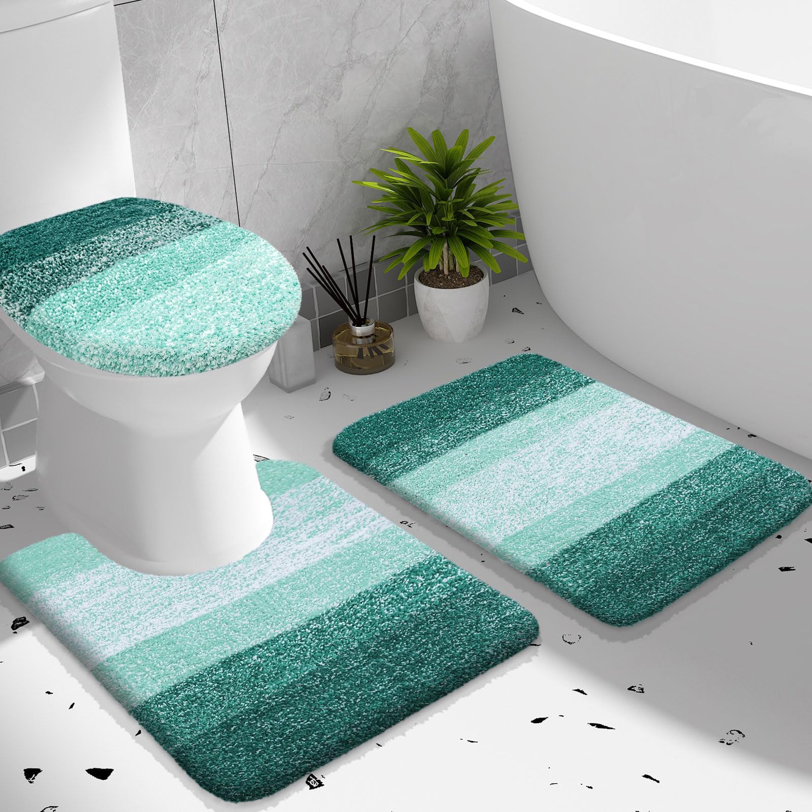 OLANLY Bathroom Rugs Sets 3 piece, Soft Microfiber Absorbent Bath Mat, U-Shaped Contour Toilet Mat and Toilet Lid Cover, Quick Dry, Machine Washable, Toilet Cover and Rug Set for Bathroom, Grey