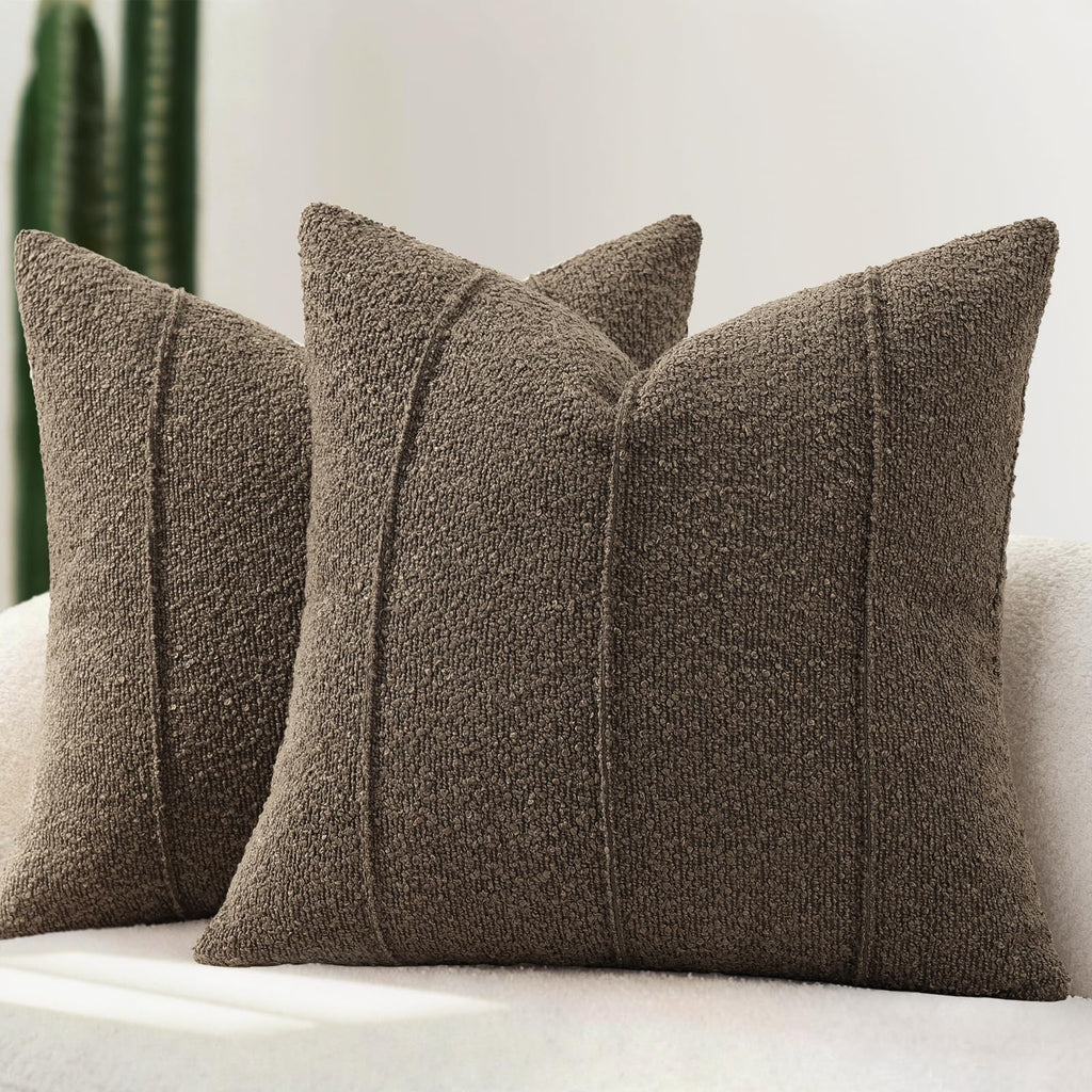 YCOLL Textured Boucle Throw Pillow Covers 20x20 Pack of 2 - Soft Neutral Striped Cushion Covers, Cozy Accent Decorative Pillow Covers for Couch, Sofa, Bed, Living Room (Beige)