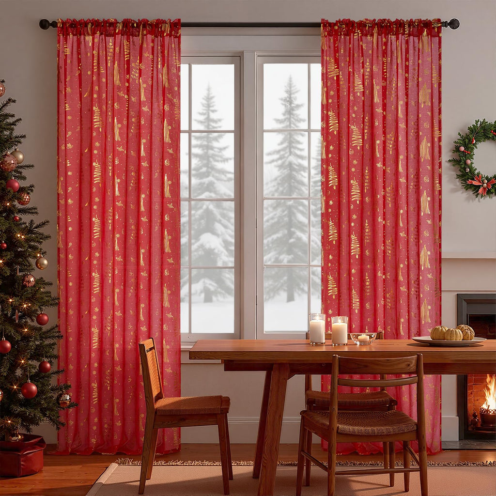 Topfinel Red Christmas Decorations for Home, Sheer Curtains 84 Inch Length for Kids/Living Room 2 Panels Set, Christmas Bells, Snowflake, Santa Claus, Xmas Ball for Cortinas De Navidad Decor