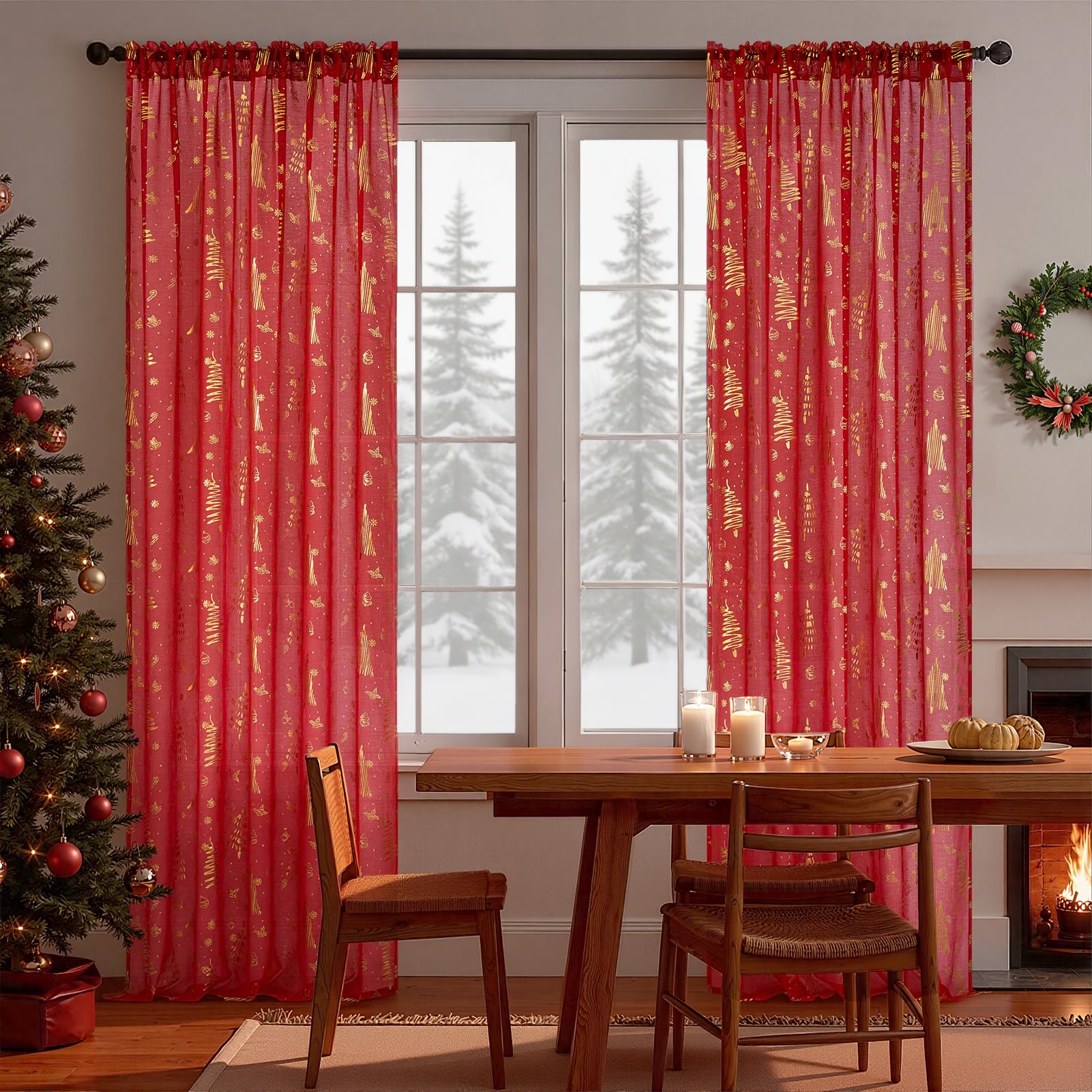 Topfinel Red Christmas Decorations for Home, Sheer Curtains 84 Inch Length for Kids/Living Room 2 Panels Set, Christmas Bells, Snowflake, Santa Claus, Xmas Ball for Cortinas De Navidad Decor