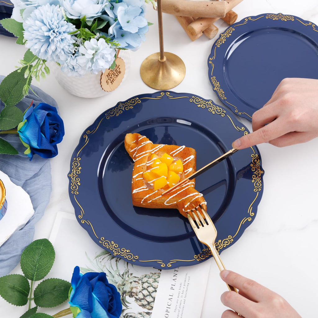 DaYammi 150Pcs Ivory Plastic Plates with Gold Rim,Disposable Plastic Plates Include 30 Dinner Plate,30 Salad Plate,30 Forks,30 Spoons,30 Knives,Ivory and Gold Plates for Party,Wedding,Mother's Day