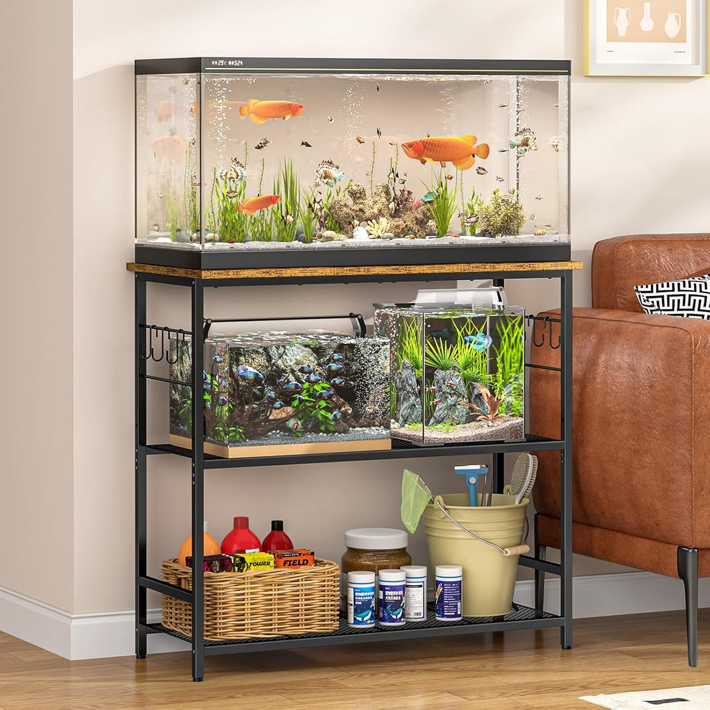 ThreeHio 20 Gallon Fish Tank Stand, 3 Tier Aquarium Stand with Adjustable Shelf, 33.11" L* 15.75" W Tabletop, Heavy Duty Terrarium Stand with Lockable Wheels, Rolling Storage Cart Shelf Rack Organizer for Kitchen, Living Room, Office, Balcony