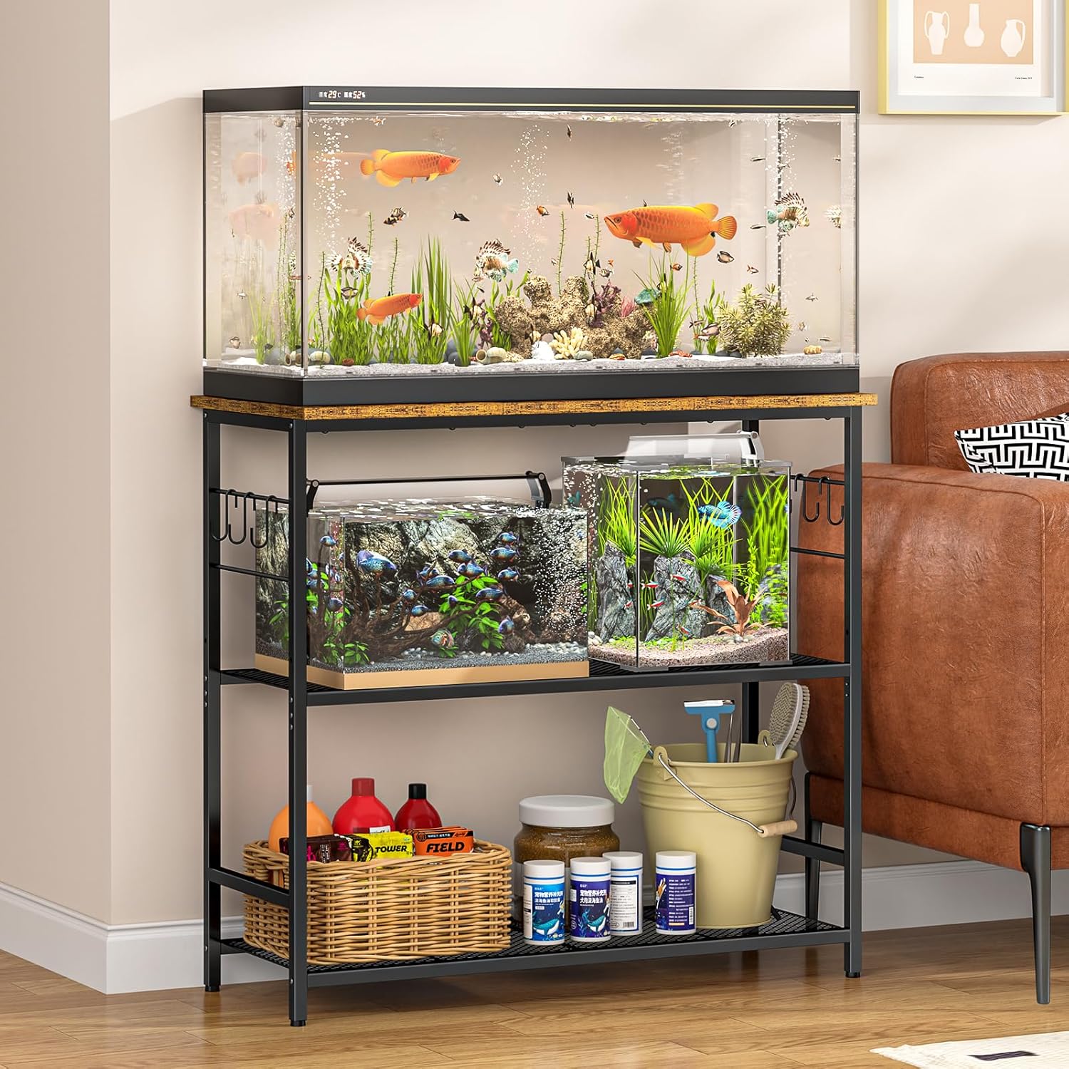 ThreeHio 20 Gallon Fish Tank Stand, 3 Tier Aquarium Stand with Adjustable Shelf, 33.11" L* 15.75" W Tabletop, Heavy Duty Terrarium Stand with Lockable Wheels, Rolling Storage Cart Shelf Rack Organizer for Kitchen, Living Room, Office, Balcony