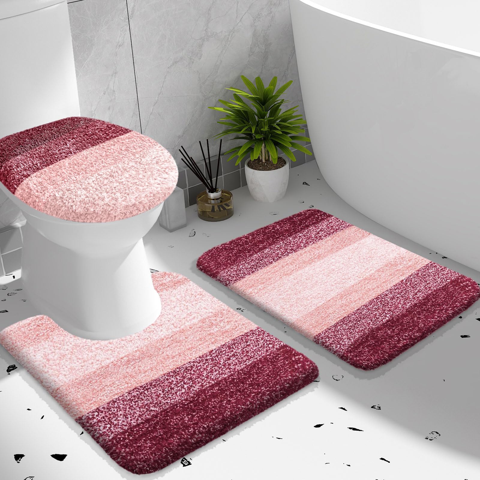 OLANLY Bathroom Rugs Sets 3 piece, Soft Microfiber Absorbent Bath Mat, U-Shaped Contour Toilet Mat and Toilet Lid Cover, Quick Dry, Machine Washable, Toilet Cover and Rug Set for Bathroom, Grey