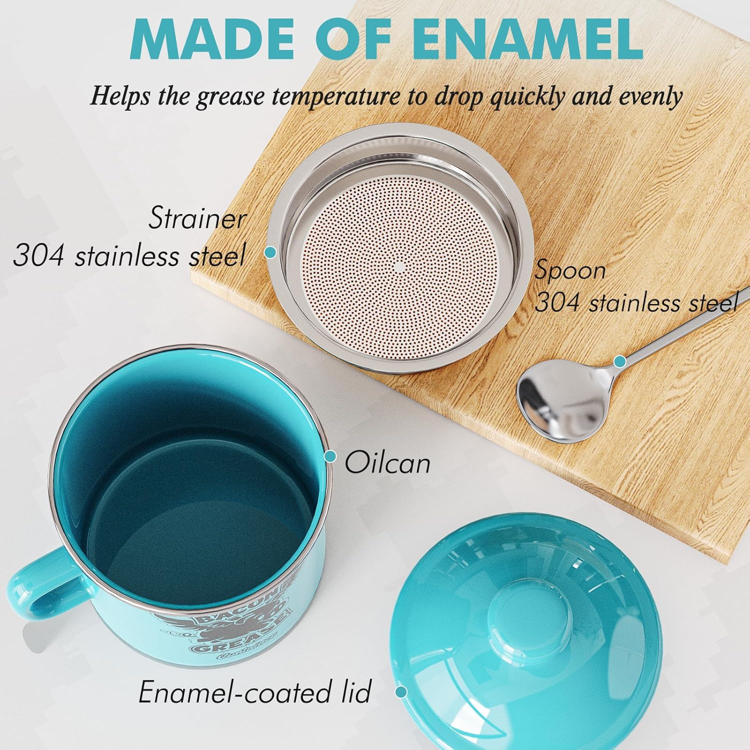 PGYARD Mini Bacon Grease Container With Strainer - 15OZ Farmhouse Enamel Grease Saver, Fat Storage For Kitchen, Dishwasher Safe-Light Blue