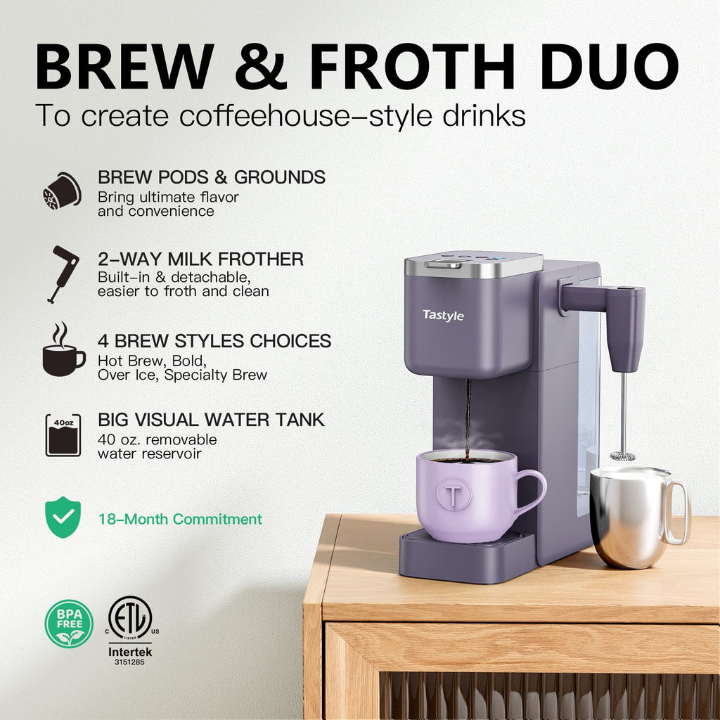 Tastyle 330MF Single Serve Coffee Maker with Built-in Detachable Milk Frother, Iced and Hot Coffee Machine for K Cup & Grounds, 40oz Removable Water Reservoir, 6 Cup Sizes, Fits 7.3" Travel Mug, Black