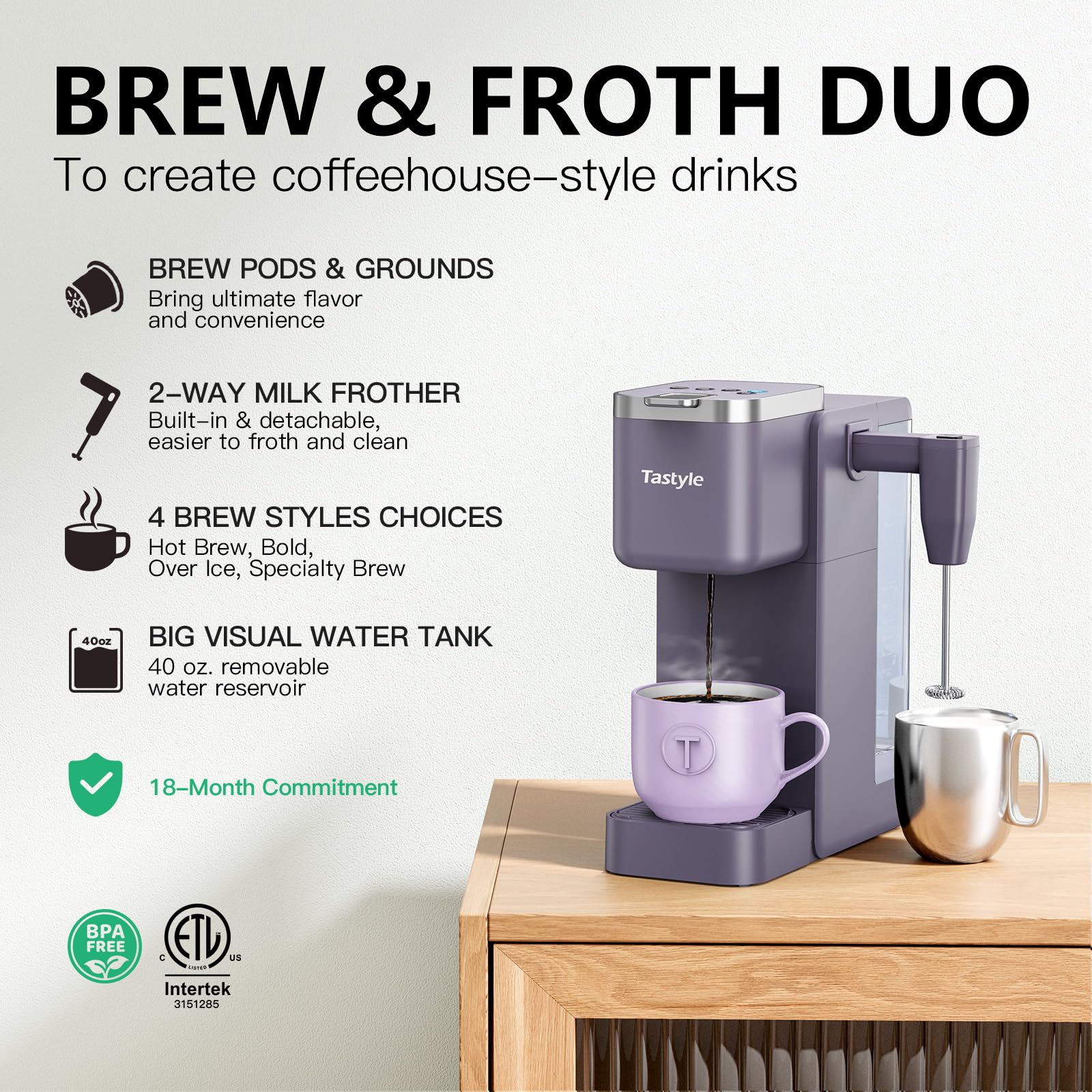 Tastyle 330MF Single Serve Coffee Maker with Built-in Detachable Milk Frother, Iced and Hot Coffee Machine for K Cup & Grounds, 40oz Removable Water Reservoir, 6 Cup Sizes, Fits 7.3" Travel Mug, Black