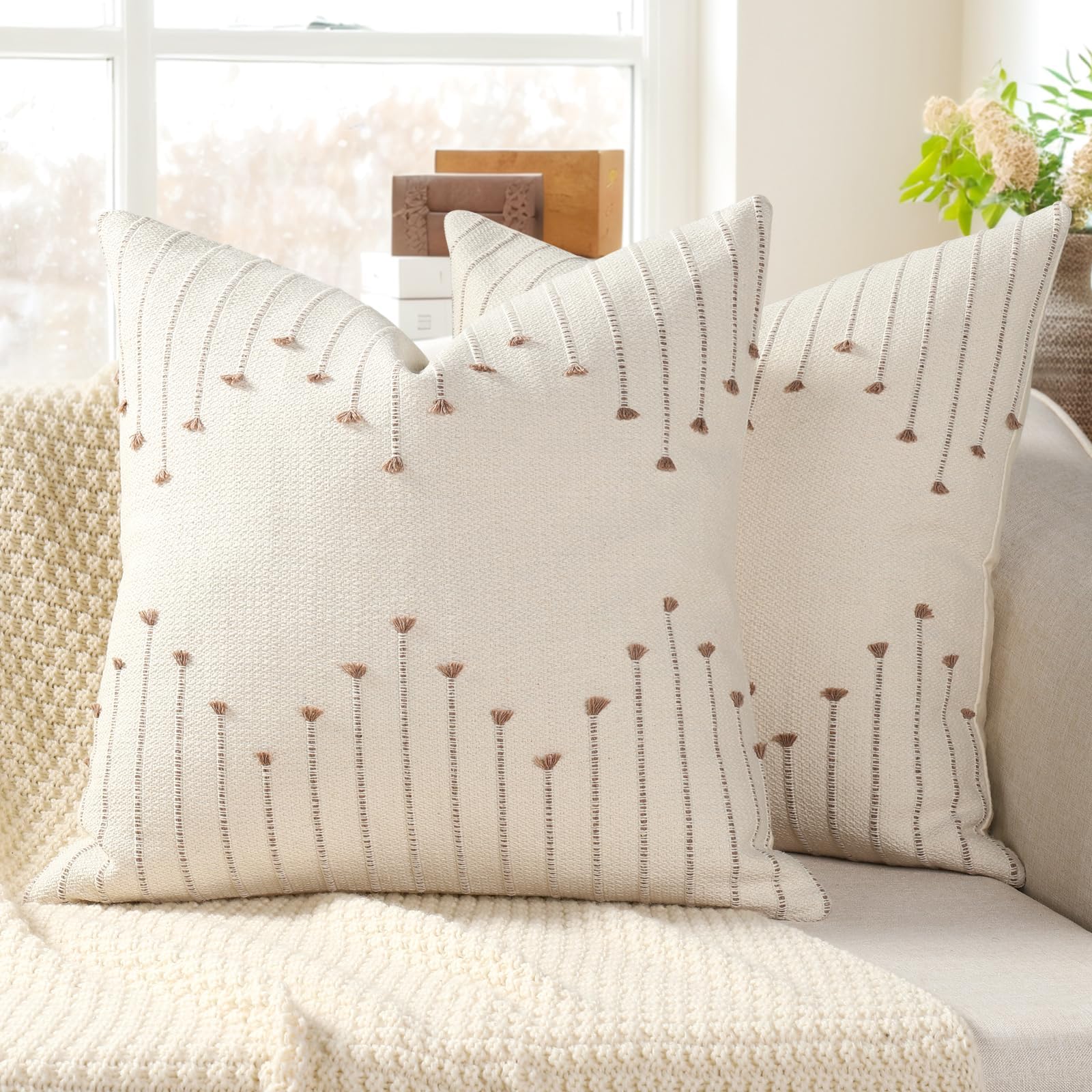 Boho Outdoor Throw Pillow Covers 18x18 Set of 2 Neutral Woven Decorative Pillowcases Cotton Tufted Couch Pillows Modern Farmhouse Cushion Covers for Sofa Couch Bed Living Room Home Decor, Navy Blue