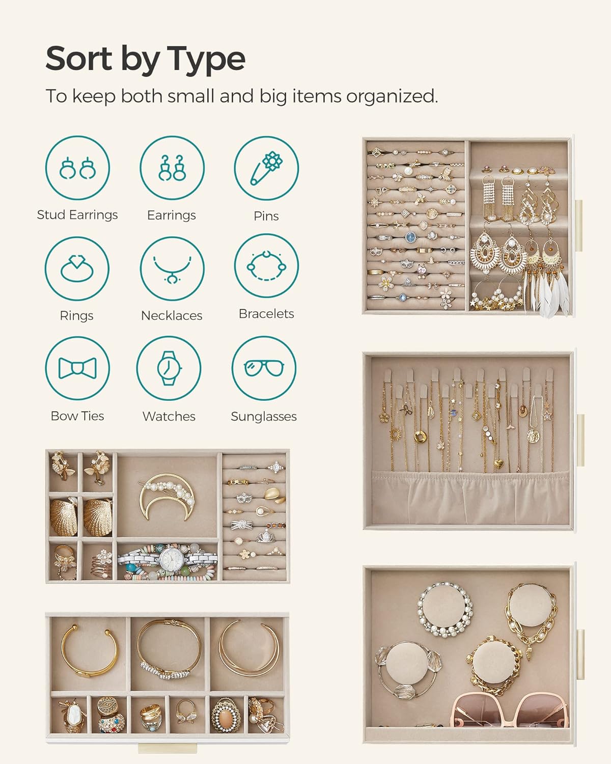 SONGMICS Jewelry Box with Glass Window, 5-Layer Jewelry Organizer with 3 Side Drawers, Jewelry Storage, with Big Mirror, Modern, 6.1 x 10.3 x 12.6 Inches, Cloud White and Metallic Gold UJBC162W01