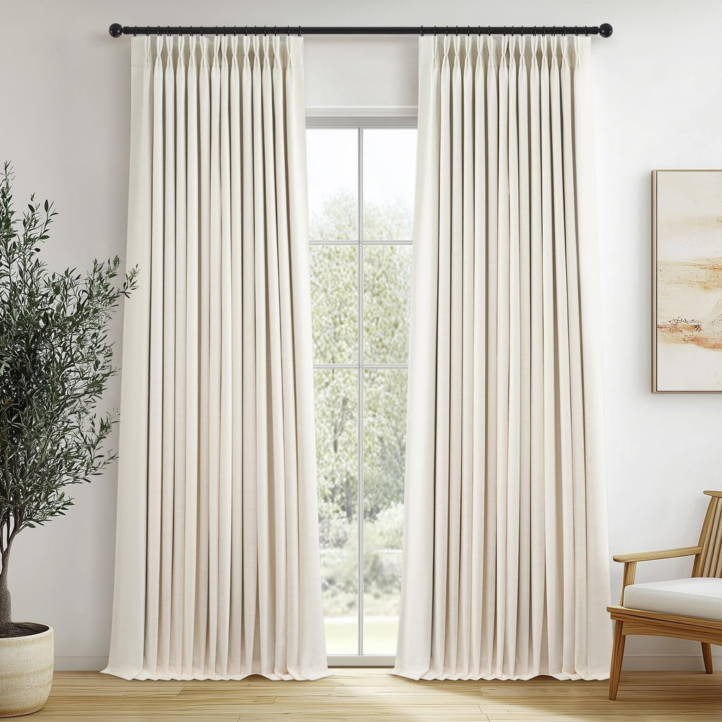 Topfinel 96 Inches Long Pinch Pleated 100% Blackout Curtains,Thermal Insulated Natural Linen Pinch Pleat Viral Drapes with Hooks Rings 2 Panel Sets,Neutral Beige Ivory 8FT Back Tab Window Curtains