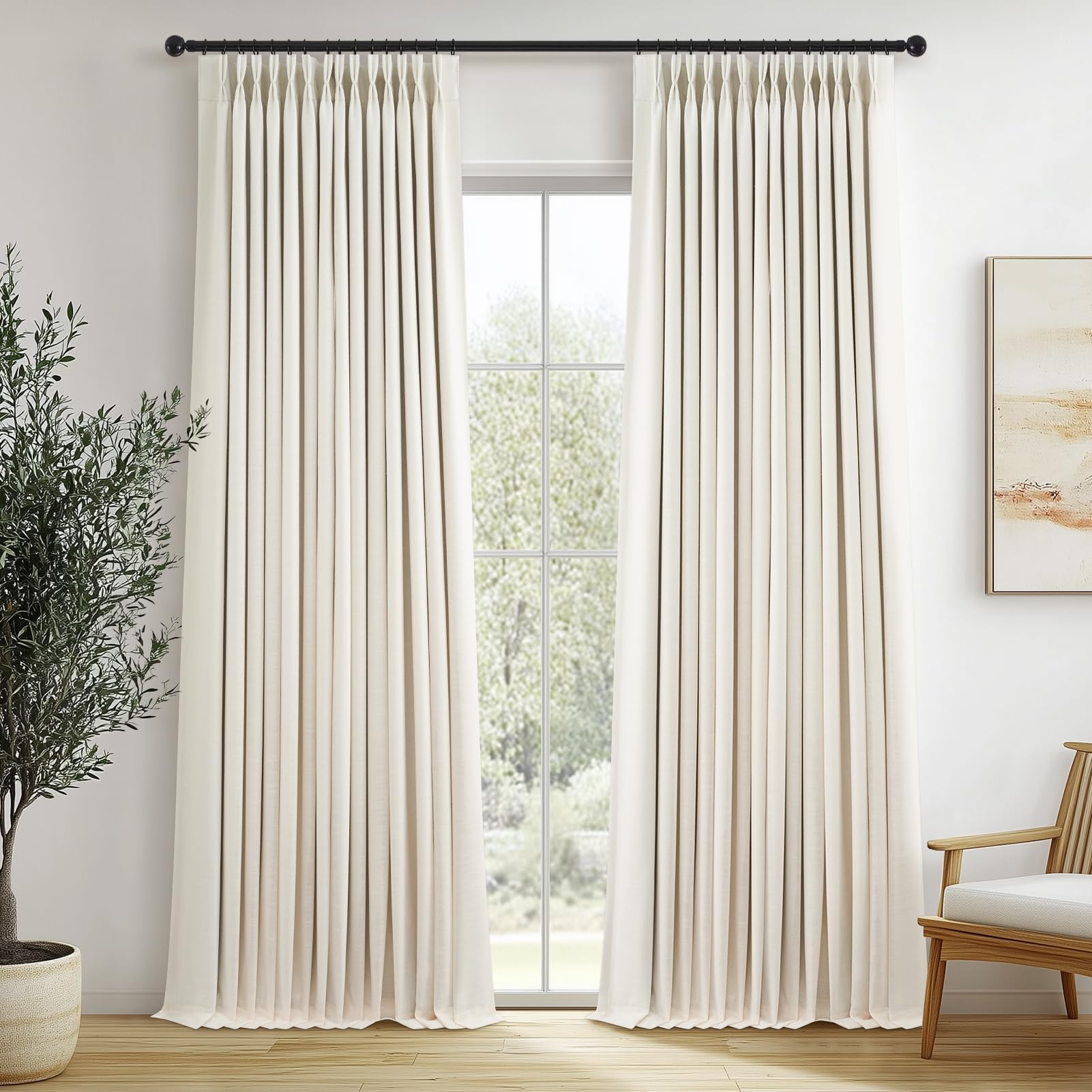 Topfinel 96 Inches Long Pinch Pleated 100% Blackout Curtains,Thermal Insulated Natural Linen Pinch Pleat Viral Drapes with Hooks Rings 2 Panel Sets,Neutral Beige Ivory 8FT Back Tab Window Curtains