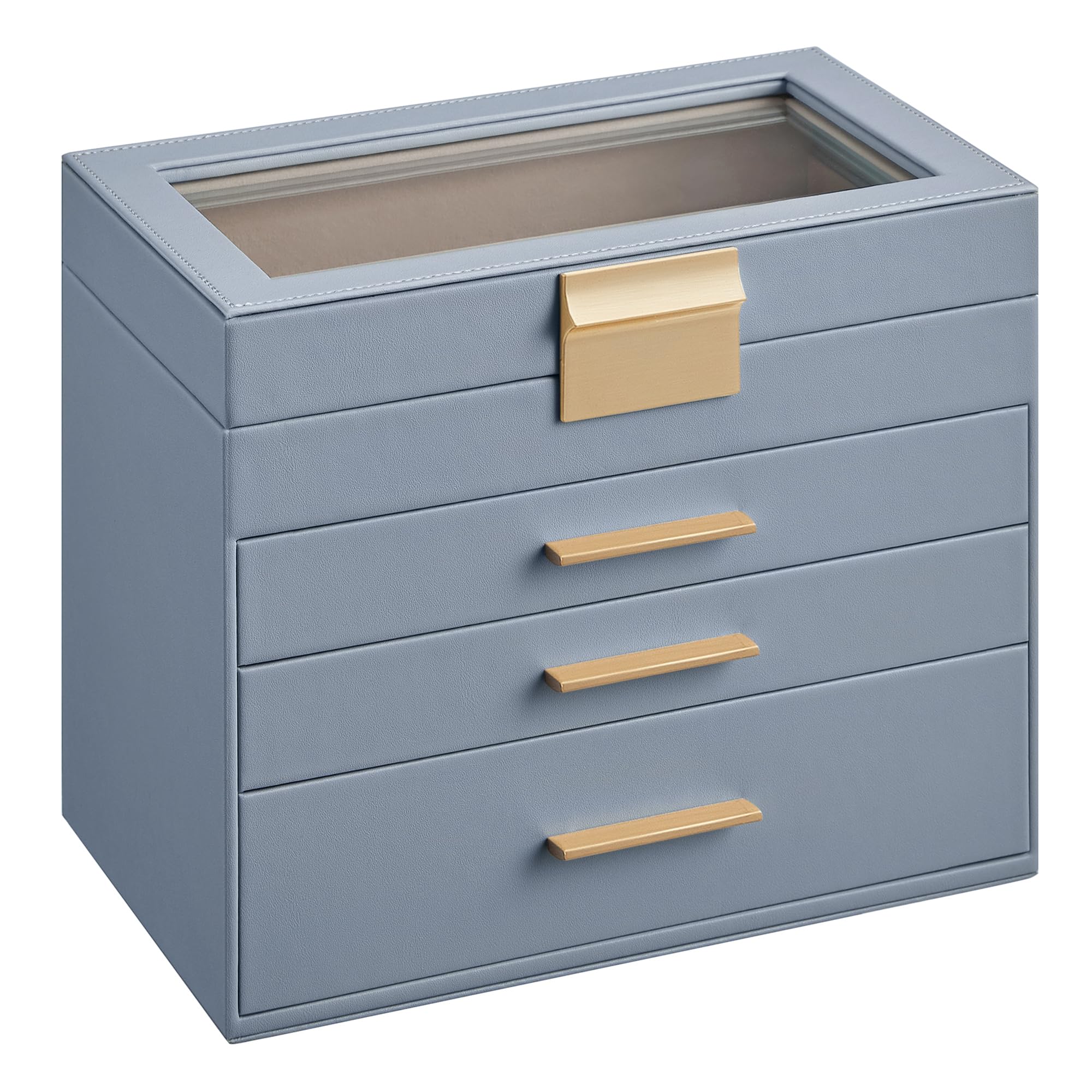 SONGMICS GISELLA Collection - Jewelry Box Organizer, 3-Layer Jewelry Storage with 2 Drawers, Shiny Metal Hardware, Glass Lid, Modern, 8 x 9.1 x 5.3 Inches, Cloud White and Gold Color UJBC239WT